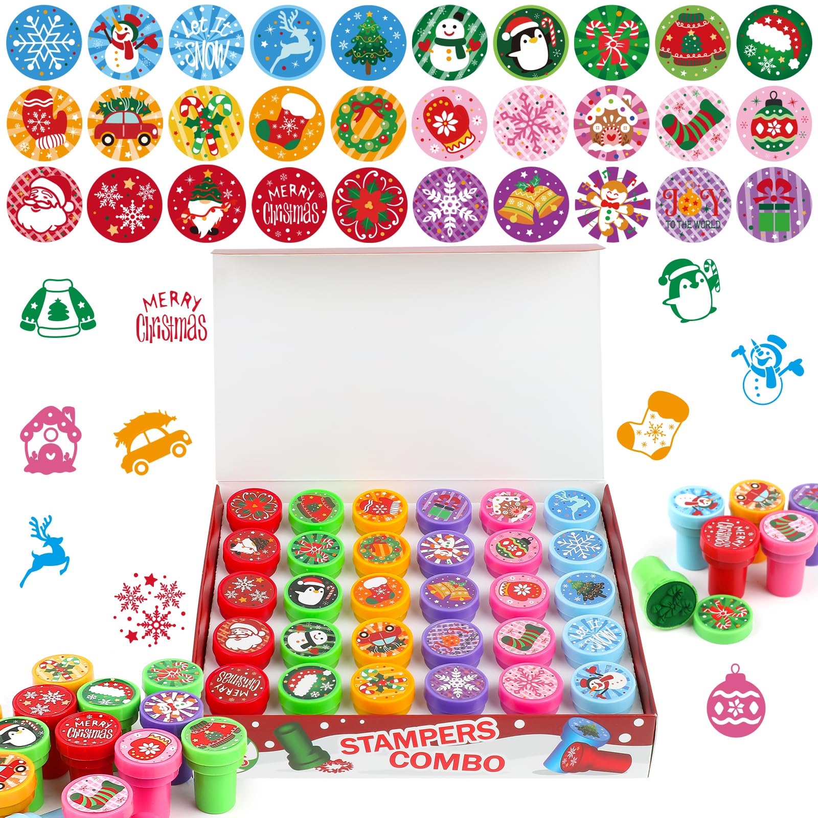 【送料無料】FINGOOO スタンプ 景品 教師用ご褒美 インク付き プレゼント パーティー 6歳以上 可愛い 色：クリスマスC、サイズ：直径2.5cm 高さ3.2cm