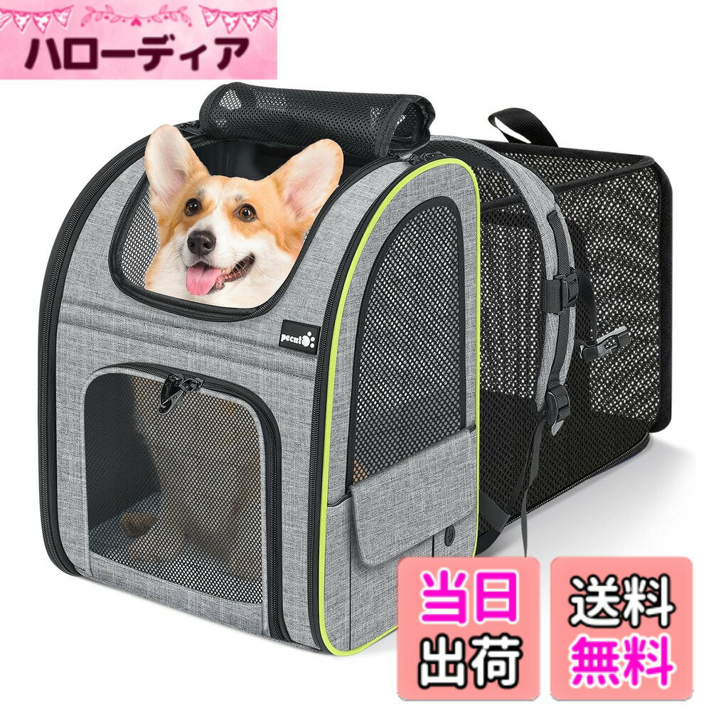 【送料無料】ペキュート[Pecute] ペットキャリーバッグ リュック 拡張可能 猫 犬 小動物用 ドライブ/旅行/通院/災害避難に最適 色：グレー、サイズ：XL