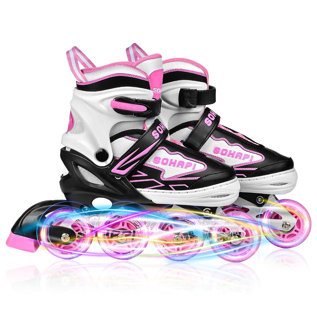 【送料無料】SOHAPI インラインスケート インラインシューズ ローラースケート 大人 子供用 ジュニア ローラー ローラーブレード 女の子 男の子 初心者向け 耐久 通気性 安全 静音 全ウィルが光る 4サイズ調整可能 バッグ付き 色：ローズピンク、サイズ：S