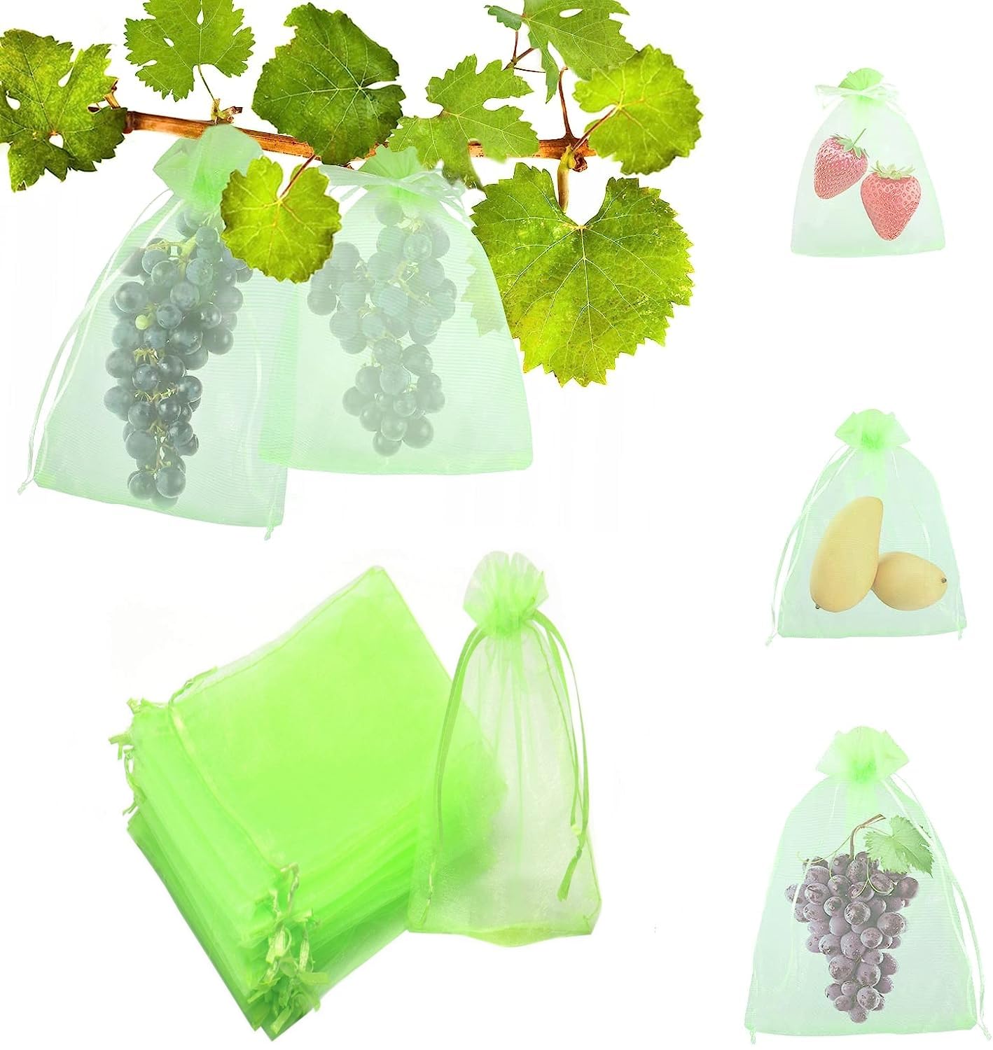 【送料無料】MUYYIKA 果物袋 保護バッグ 防虫ネット 果樹用防鳥ネット 果実袋 オーガンジー生地 通気性 メッシュ 鳩よけネット 光通過 耐久性 自然成長 鳥よけ 虫よけ カラス対策 害虫鳥避け 園芸工具 ロープ付き 栽培用 農業用 巾着袋 5 色：グリーン、サイズ：20X30CM