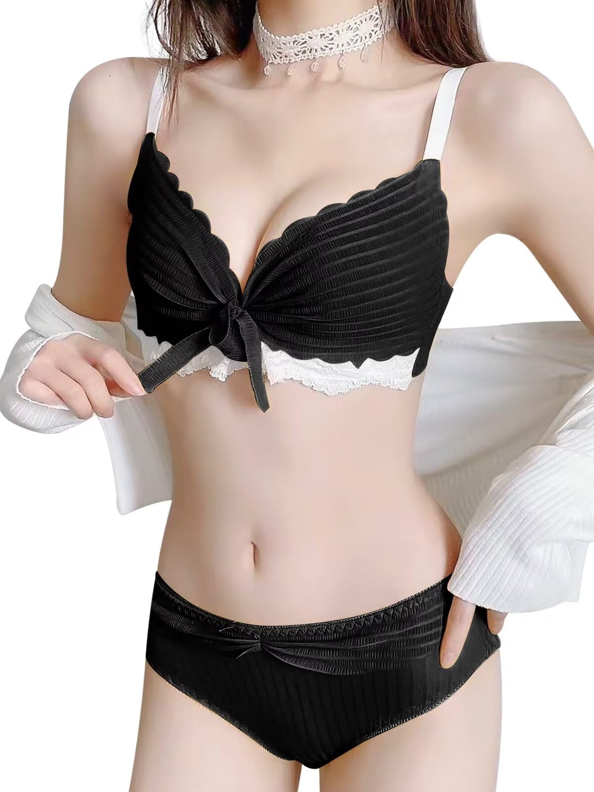 【送料無料】[THREEGUN] ブラショーツセット 盛りブラ 上下 ノンワイヤー ブラジャー ショーツセット 盛りブラジャー 盛れるブラ 補正ブラ 下着 脇高 小胸 色：ブラック、サイズ：L