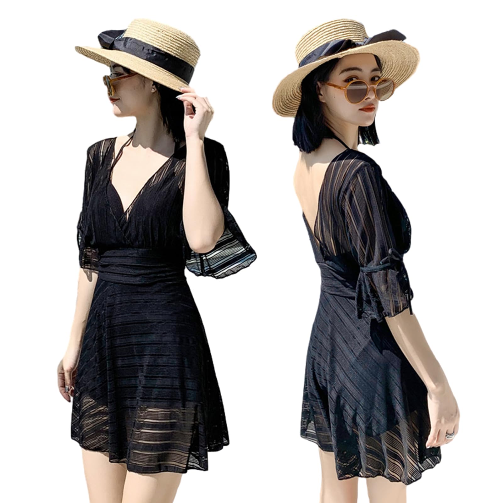 【送料無料】[MEME XTRA] 水着 レディース ワンピース おしゃれ Vネック オールインワン レース 胸パット付き フェミニン スカート 無地 可愛い セクシー 体型カバー 伸縮性 フレア 透け感 海 温泉 プール ビーチ 女性用 旅行 黒 色：（タイプA）ブラック、サイズ：M