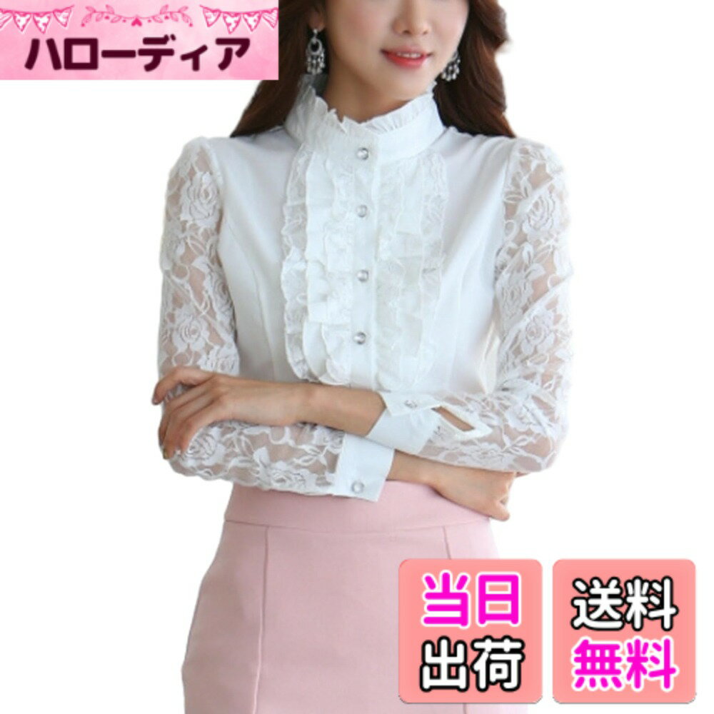 襯衣 - 【送料無料】[ORWZDCO] レース シャツ トップス ブラウス レディース 長袖 透かし 立ち襟 フリル 前開き 着痩せ 無地 レトロ フォーマル オフィス 通勤 春 秋 色：ホワイト、サイズ：L