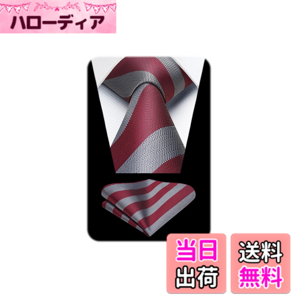 【送料無料】[HISDERN] 【在庫一掃セール】ビジネス ネクタイ チーフ セットメンズ 幅8.5cm ストライプ チェック ドット柄 イージーケア 洗える 結婚式 就活 卒業式 入学式 二次会 56柄 色：19ワインレッド・グレー(ストライプ)、サイズ：Free Size