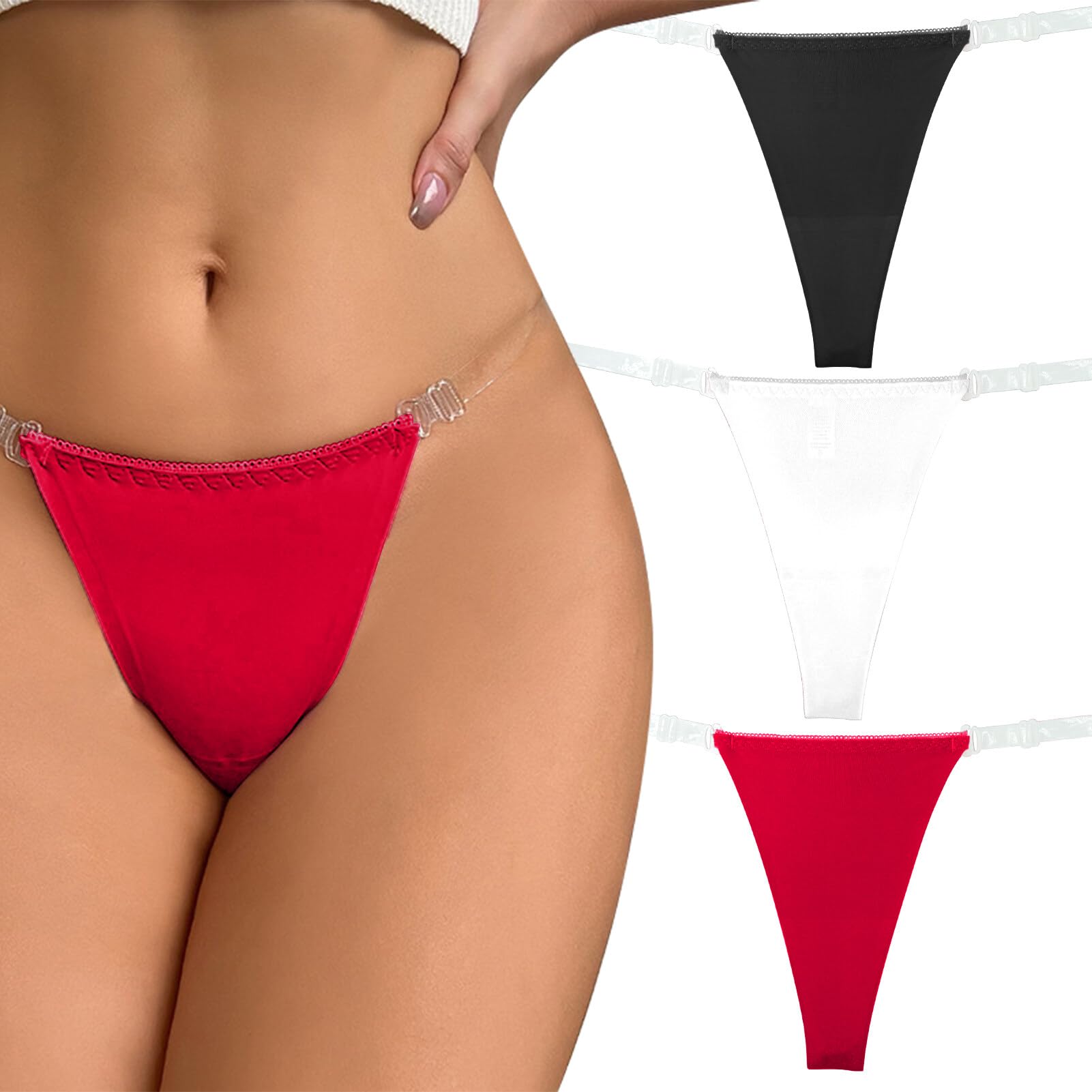 【送料無料】[Maeau] アンダーショーツ レディース 水着用インナー 透明ストラップ マイクロ tバック ショーツ タンガ 下着 ローライズ 調節可能 透け防止 色：#黒+白+赤、サイズ：M