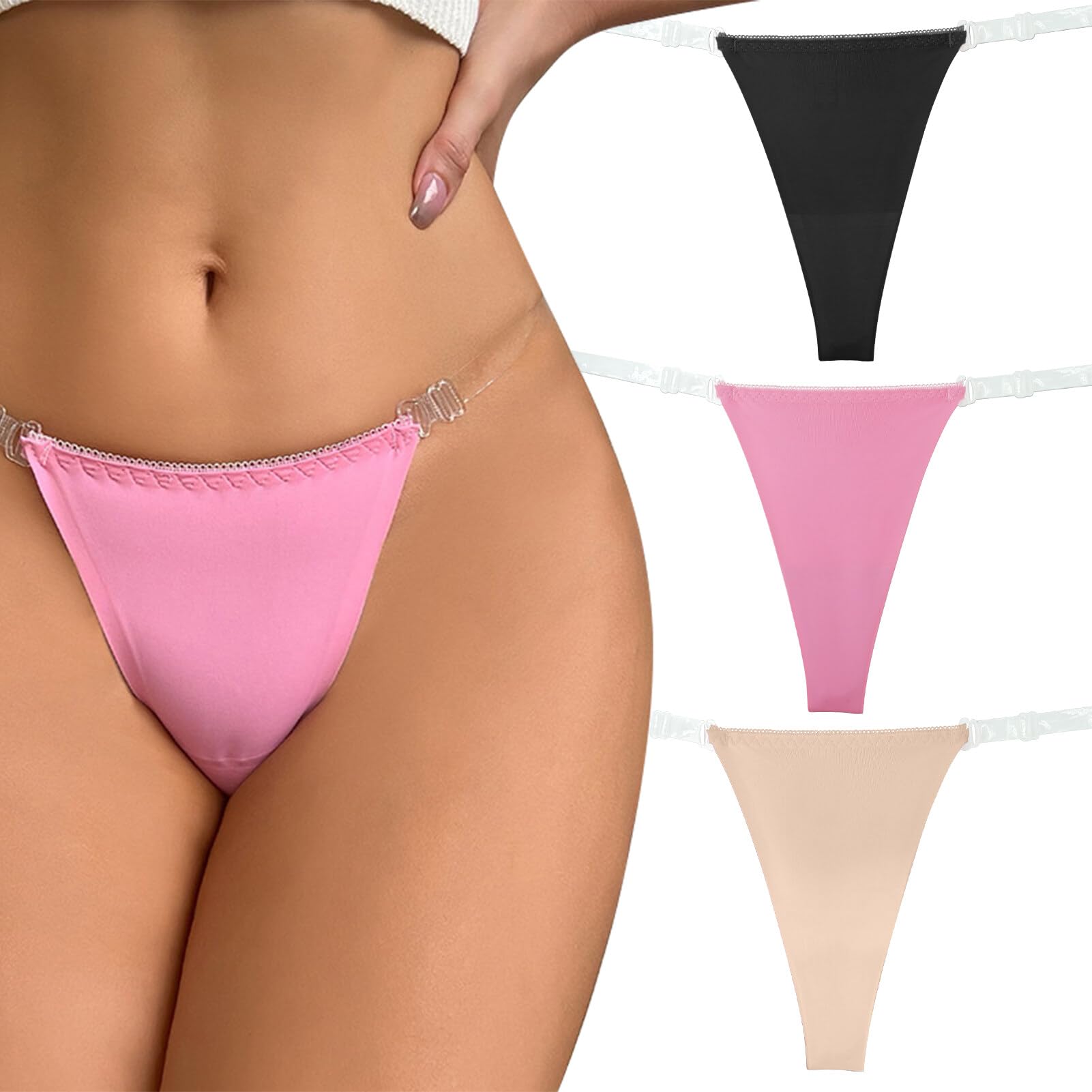 【送料無料】[Maeau] アンダーショーツ レディース 水着用インナー 透明ストラップ マイクロ tバック ショーツ タンガ 下着 ローライズ 調節可能 透け防止 色：#黒+肌色+ピンク、サイズ：L