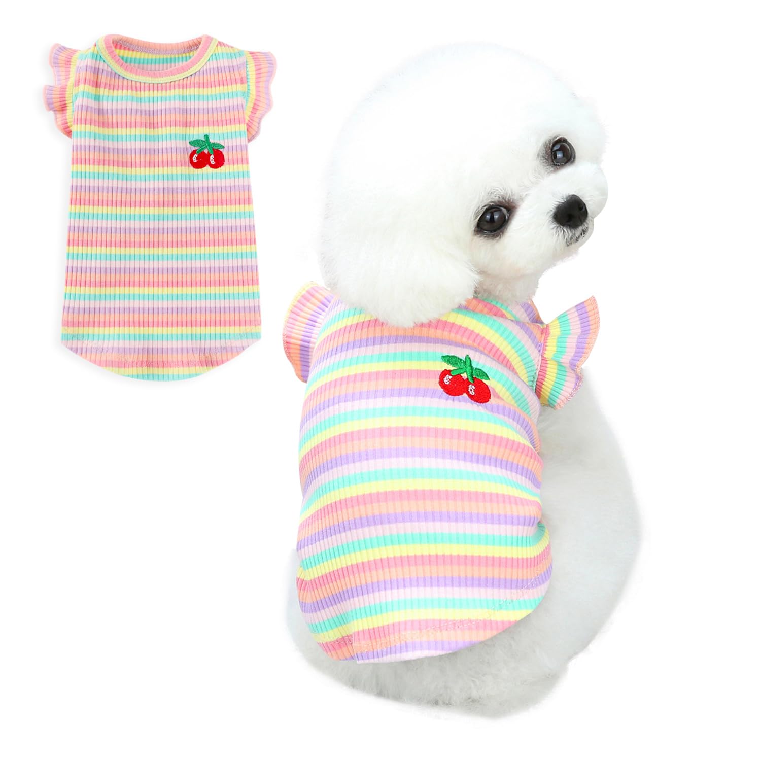 【送料無料】AmzBarley 犬の服 シャツ 春 夏 ストライプ クマ柄 チェリー柄 立体花柄 犬 服 小型犬 中型犬 子犬 猫 ニットシャツ タンクトップ 薄手 吸水 伸縮性 柔らかい 通気性 犬服 ベスト メッシュ 犬猫 洋服 可愛い ペット服 部屋着 虫除け 色：ピンク、サイズ：L