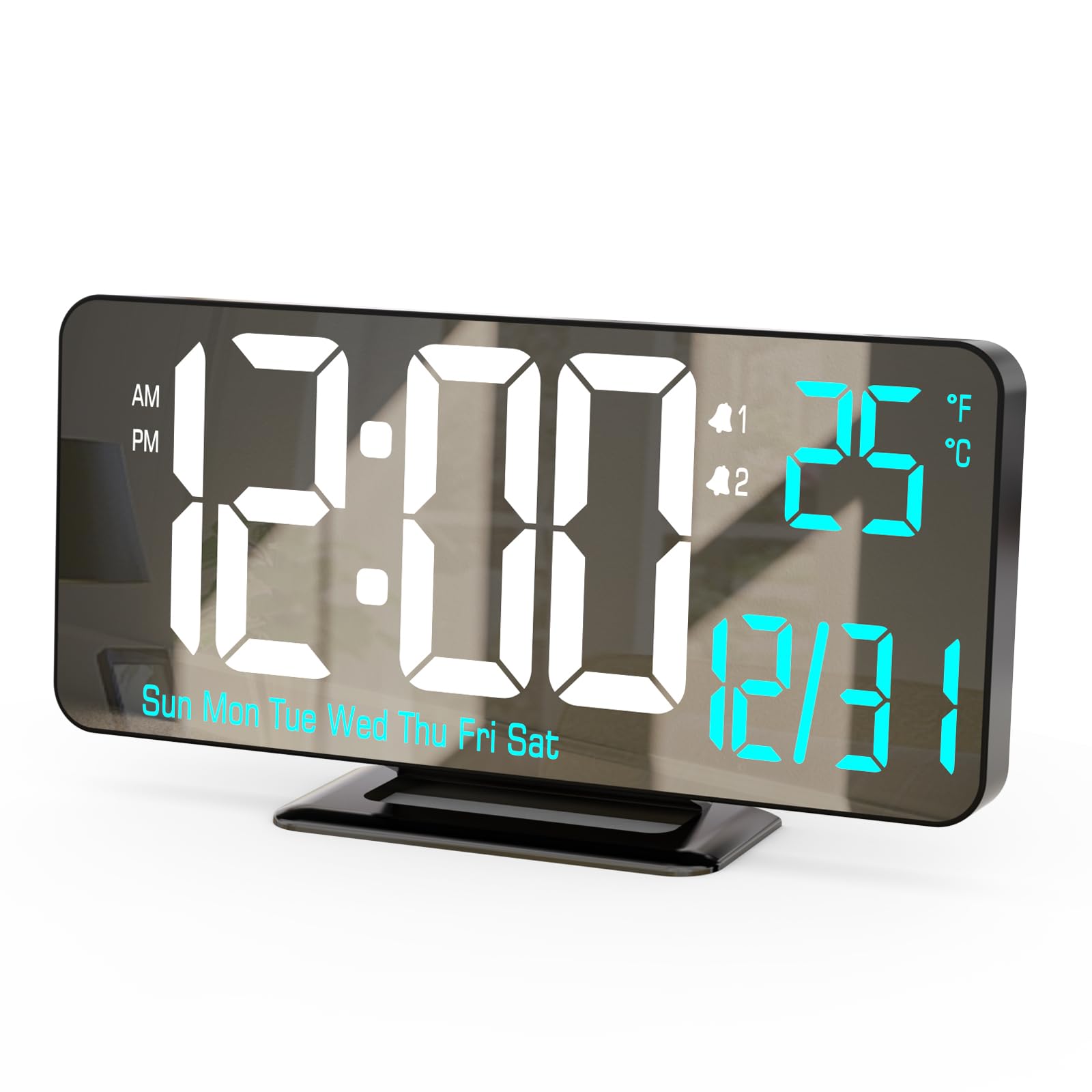 【送料無料】KOSUMOSU 目覚まし時計 デジタル 6.7インチミラー 置き時計 明るさ調整可能なLED 寝室・リビングルーム用デュアル目覚まし 12/24時間/曜日/日付/温度表示 色：青LED-黒、サイズ：中