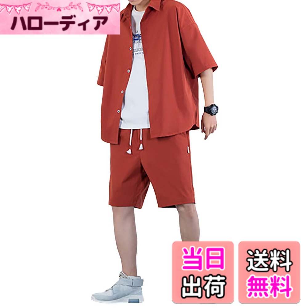 【送料無料】[Musgneer] セットアップ メンズ 半袖シャツ ショートパンツ 上下セット 5分袖 カジュアルシャツ ハーフパンツ ルームウェア 部屋着 上下 薄手 アウター 無地 夏服 おしゃれ 色：レッド、サイズ：3XL