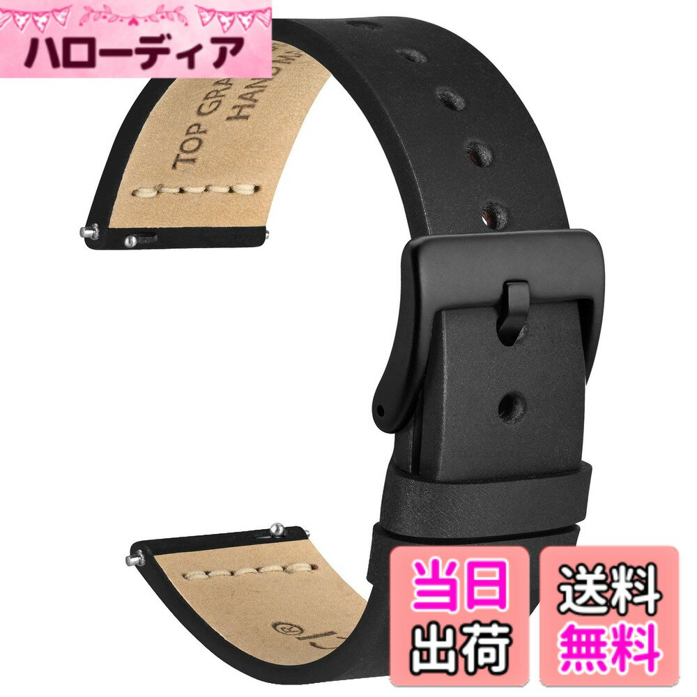 【送料無料】[WOCCI] 時計ベルト 本革 アンティーク腕時計バンド 17mm 18mm 19mm 20mm 21mm 22mm 24mm 26mmトップグレインレザー Quick Release 色：ブラック/ブラックバックル、サイズ：18mm