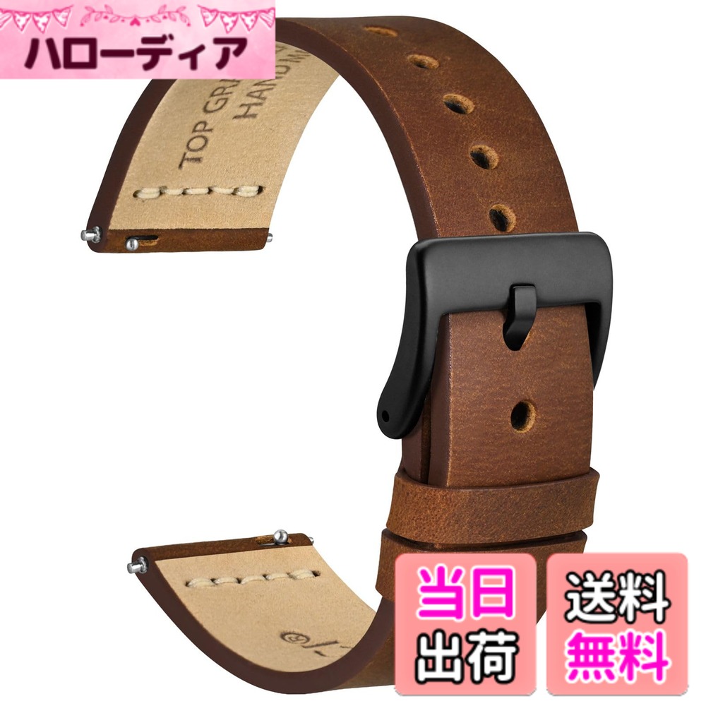 【送料無料】[WOCCI] 時計ベルト 本革 アンティーク腕時計バンド 17mm 18mm 19mm 20mm 21mm 22mm 24mm 26mmトップグレインレザー Quick Release 色：ダークカーキ/ブラックバックル、サイズ：18mm