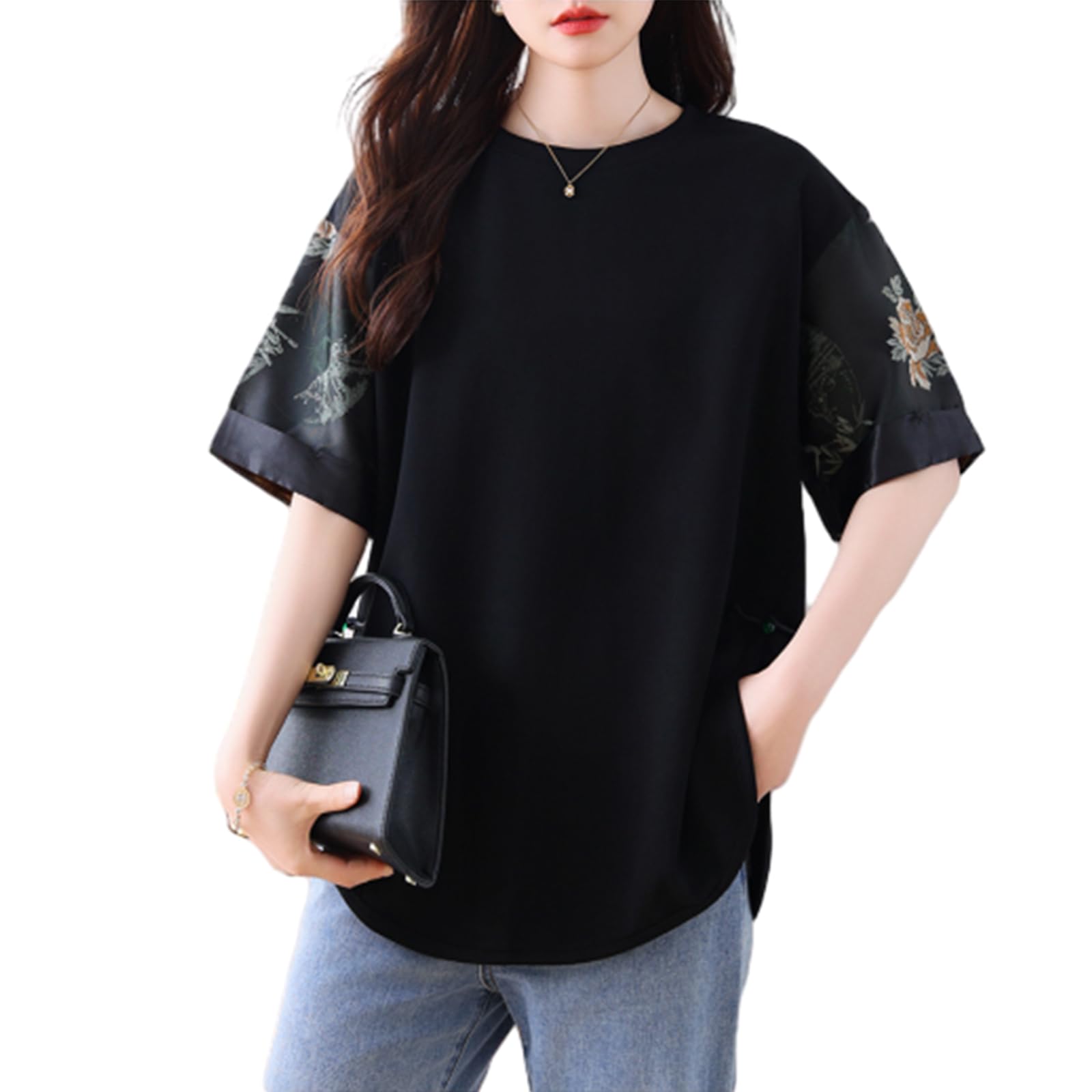 【送料無料】[CCGGOWMM] tシャツ レディース 丸襟 半袖 サイドスリット じゅんしょく アーク裾 切り替え ブラウス 花柄 トップス ゆったり 無地 エレガンス 柔らかい 体型カバー 着せ 学生 大人 通勤 お出かけ オフィス 春夏 色：ブラック、サイズ：XL