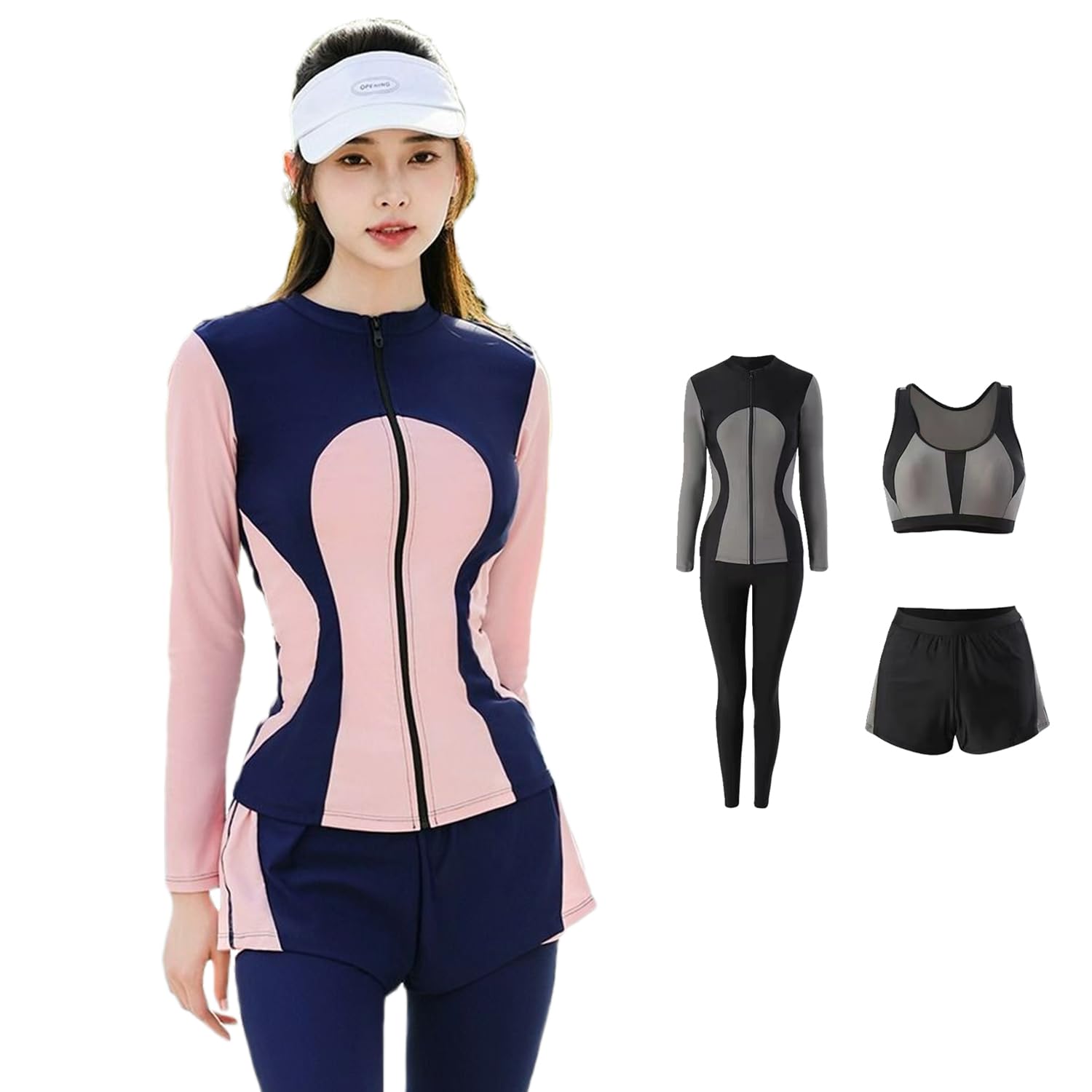 【送料無料】[VOKLLIYU] 長袖 フィットネス 水着 レディース 水着 4点セット ラッシュガード 水着 体型カバー セパレート ショートパンツ タンキニ UVカット女性 長袖水着 レギンス サーフパンツ スポーツブラ 色：1-ピンク、サイズ：M