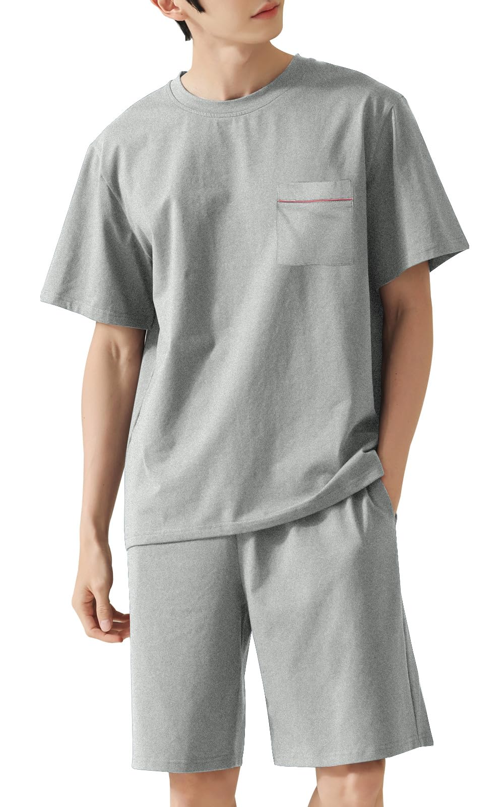 【送料無料】[Bellislove] パジャマ メンズ 夏 半袖 ルームウェア 綿 部屋着 Tシャツ ハーフパンツ 上下セット ゆったり 快適 薄手 ひんやり ストレッチ 吸汗通気 肌に優しい 大きいサイズ 色：ライトグレー、サイズ：2XL