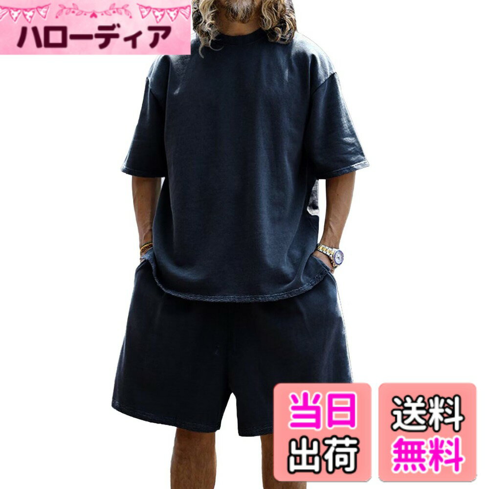 [무료우송][Anmurye] 저지 상하 세트 오버사이즈 반소매 맨즈 여름복 T셔츠+쇼트 팬츠 러닝 트레이닝 쾌적 포켓 첨부 웨스트 무지 조정 가능 통기 캐주얼 스트레치 상하 스웨트 색:네이비, 사이즈:3XL