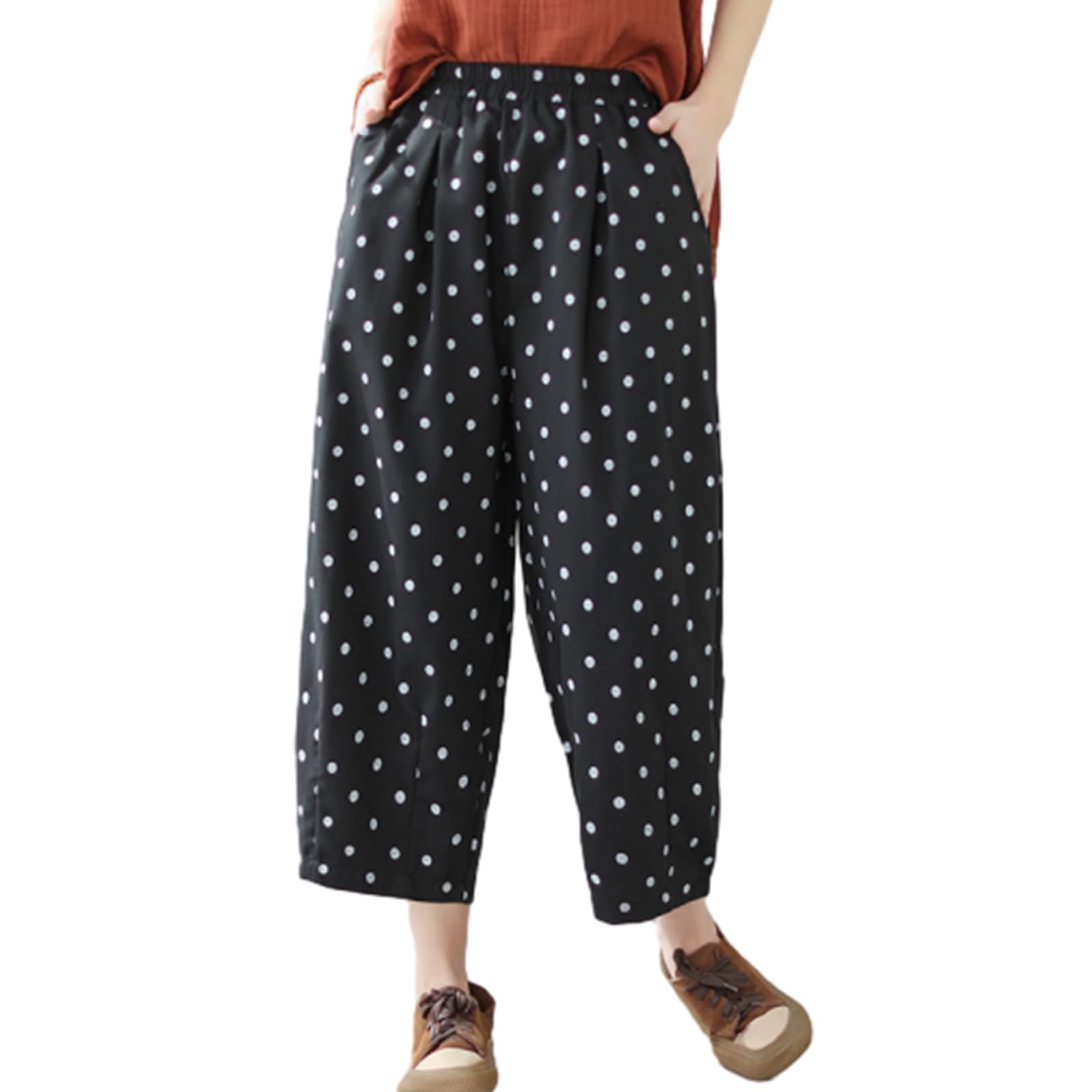 【送料無料】[CCGGOWMM] ワイドパンツ レディース サルエルパンツ ランタン ドット柄 ズボン 袴パンツ ゆったり ガチョウパンツ オシャレ ボトムス ウエストゴム ポケット付き 大きいサイズ オフィス 日常 春 夏 色：ブラック、サイズ：L