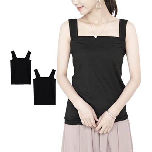 【送料無料】[HuuMeNEIDOO] タンクトップ レディース タンク インナー 2枚セット スクエアネック 胸元隠し 無地 キャミソール ブラ紐隠し 重ね着 通気 ベスト インナーウエア ベアトップ風 シンプル ブラック ホワイト 色：黒・黒セット、サイズ：XL
