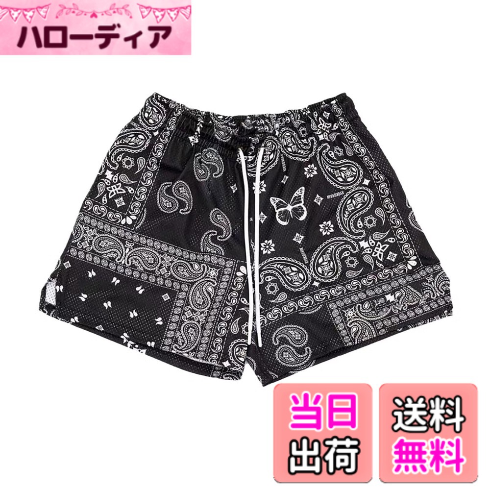 【送料無料】[KULIXI] ショートパンツ メンズ バスケットボールパンツ トレーニング ハーフパンツ スポーツ ジムウェア カシューナッツ柄 かえん柄 フィットネス ポケット付き カジュアル 短パンツ DK-5383 色：5415ブラック、サイズ：2XL