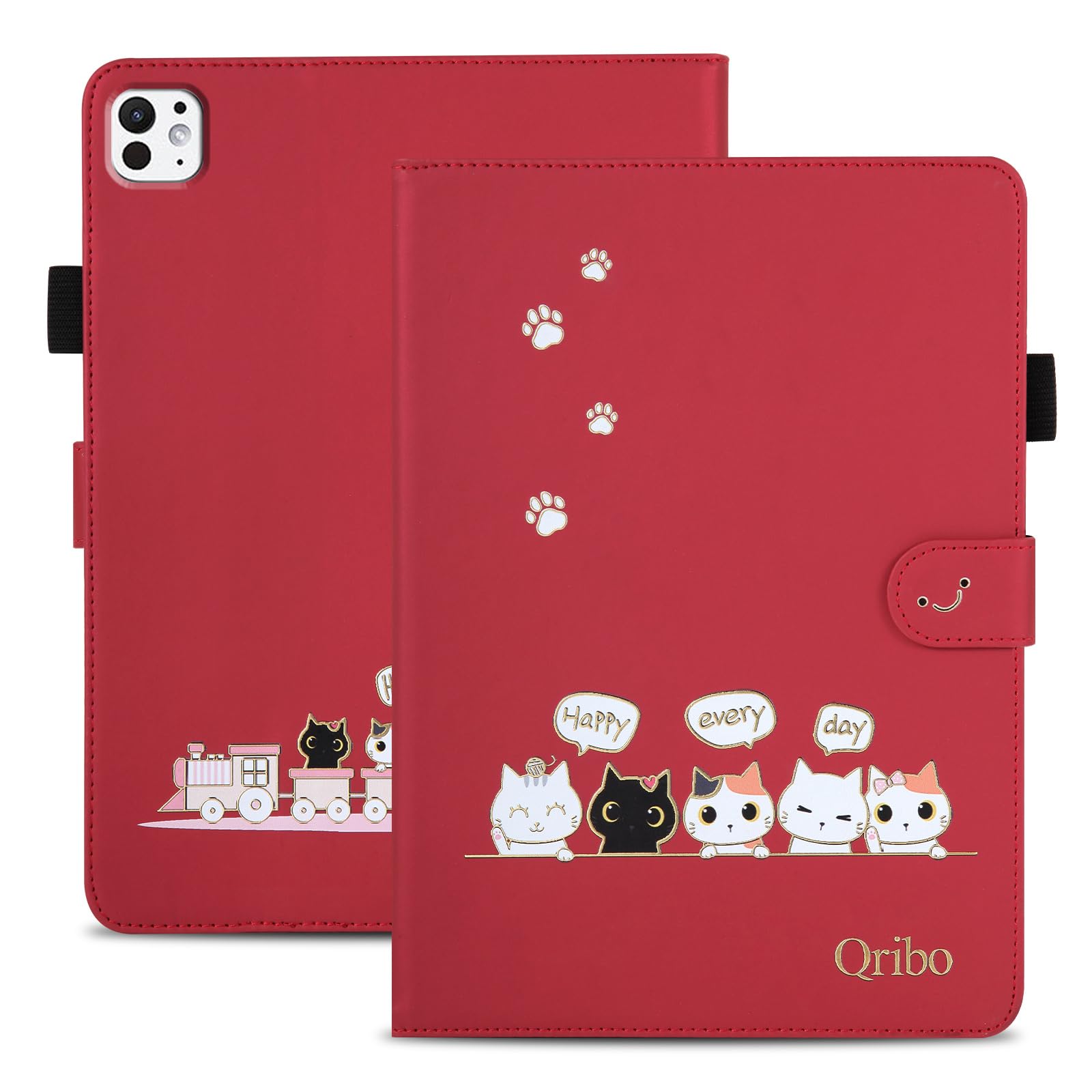 【送料無料】Qribo iPad 10世代 ケース 2022 シンプルなのに可愛いデザイン エンボス加工猫柄 うれしい気持ち 10.9インチ対応 iPad ケース iPad 10.9 ケース 複数の視野角 スリムフィット iPad10 2022 モデル タブレットケース 色：レッド、サイズ：iPad Pro 13 (2024)