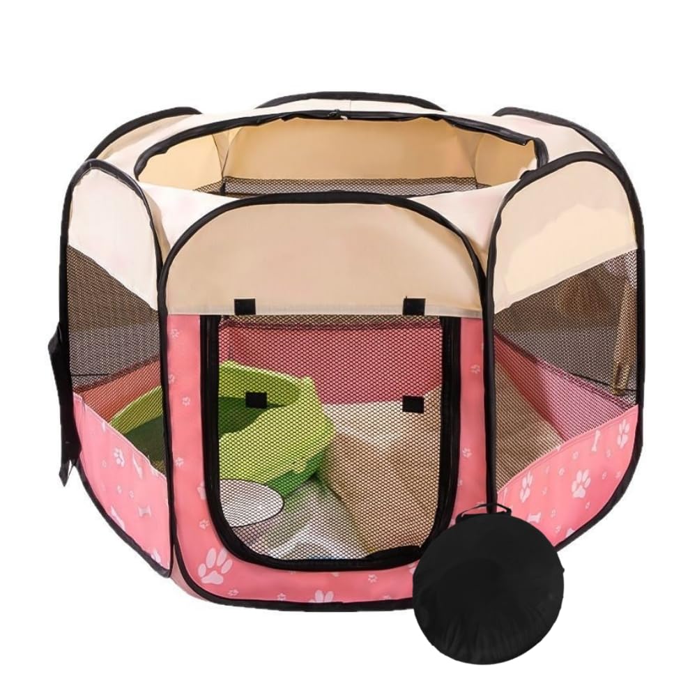 【送料無料】Benebomo 六角形 折りたたみ式 ペットサークル 組み立て不要 キャリーバッグ付き 猫 犬用 ケージ メッシュサークル 軽量 コンパクト 防災 通気性 室内外兼用 色：ピンク、サイズ：S