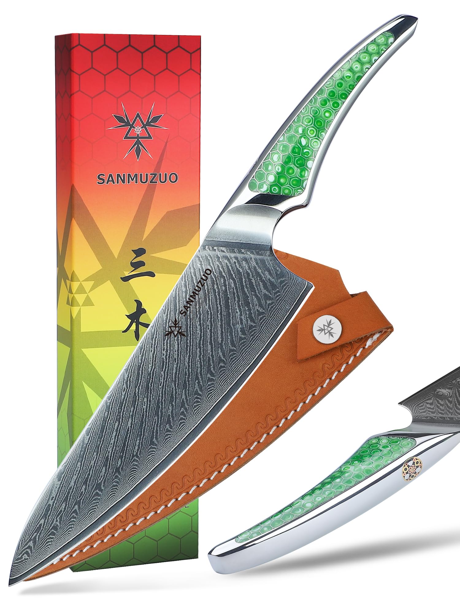 【送料無料】SANMUZUO シェフナイフ、超鋭利ダマスカス鋼キッチンナイフ、グリーン樹脂のフルタン ...