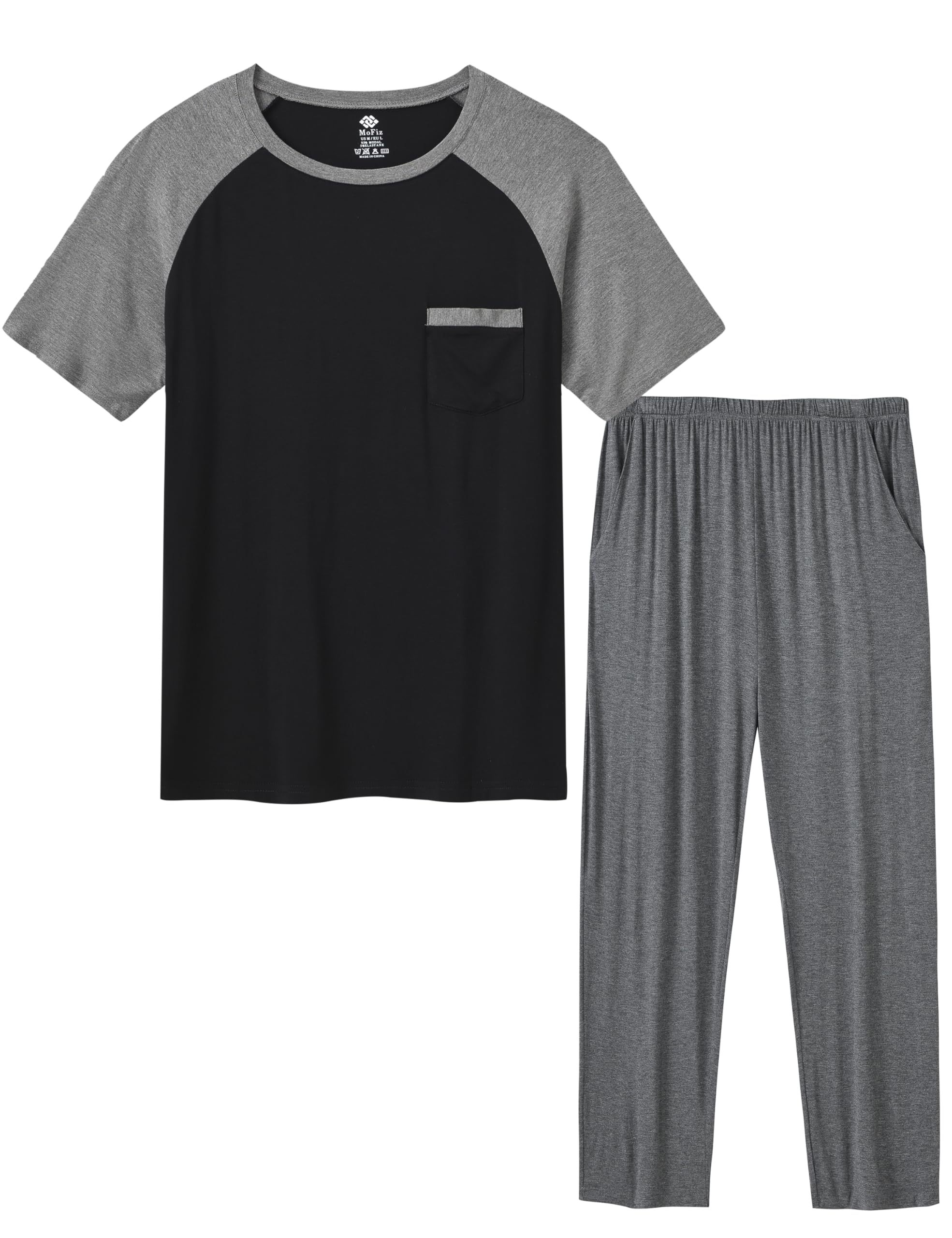 【送料無料】[MoFiz] パジャマ メンズ 長袖 半袖 ルームウェア 大きいサイズ 上下セット ゆったり スウェット ポケット付き 寝間着 部屋着 ふんわり 柔らかく 吸汗 通気性 色：ダークグレー+ブラック(半袖長ズボン)、サイズ：L