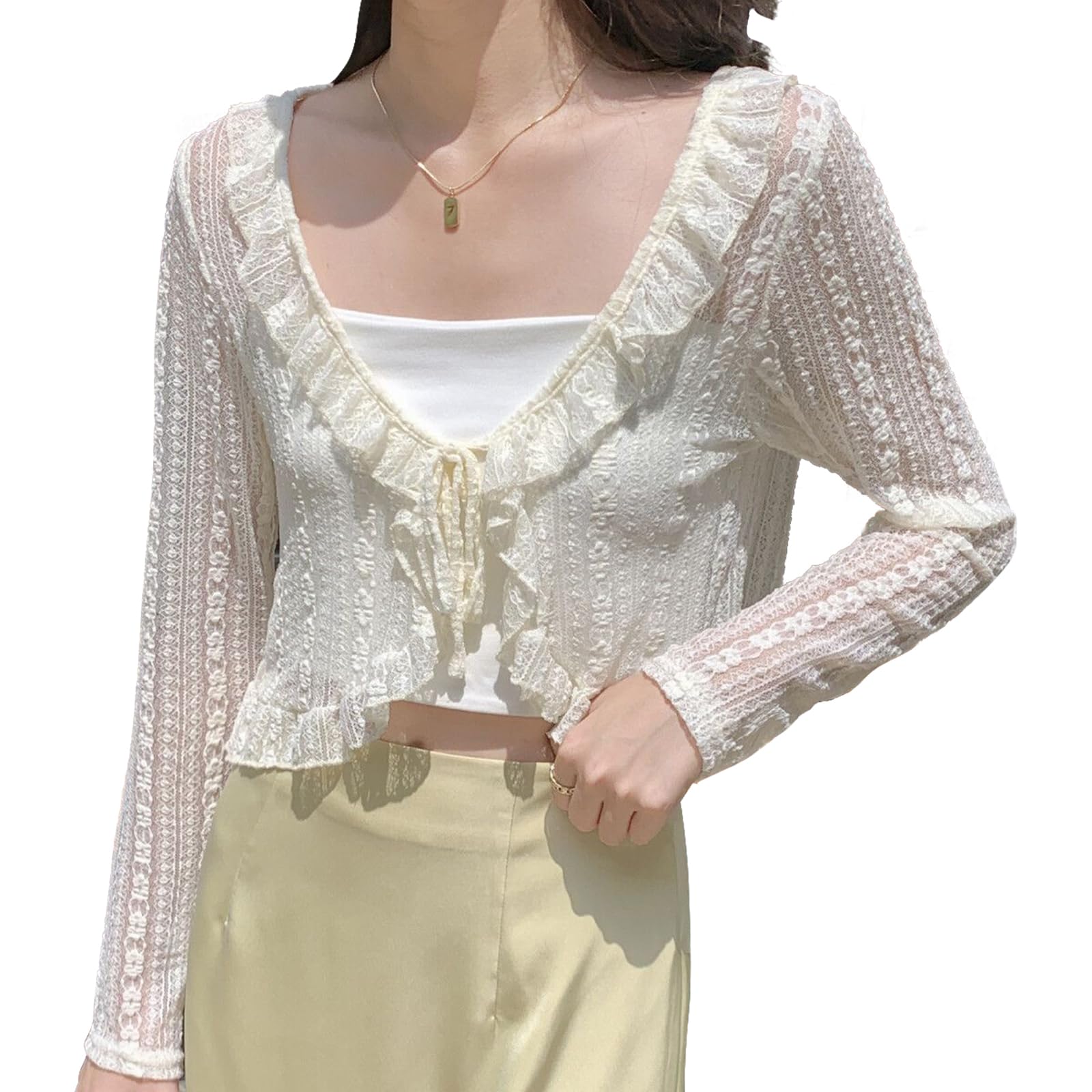 【送料無料】[SYitong] カーディガン レディース 夏 長袖 薄手 透け感 可愛い おしゃれ シフォン シアー ショート カーディガン 羽織り トップス 体型カバー 着痩せ 女性らしい 通勤 普段着 お出かけ おしゃれ UV対策 冷房対策 色：ベージュ、サイズ：Free Size