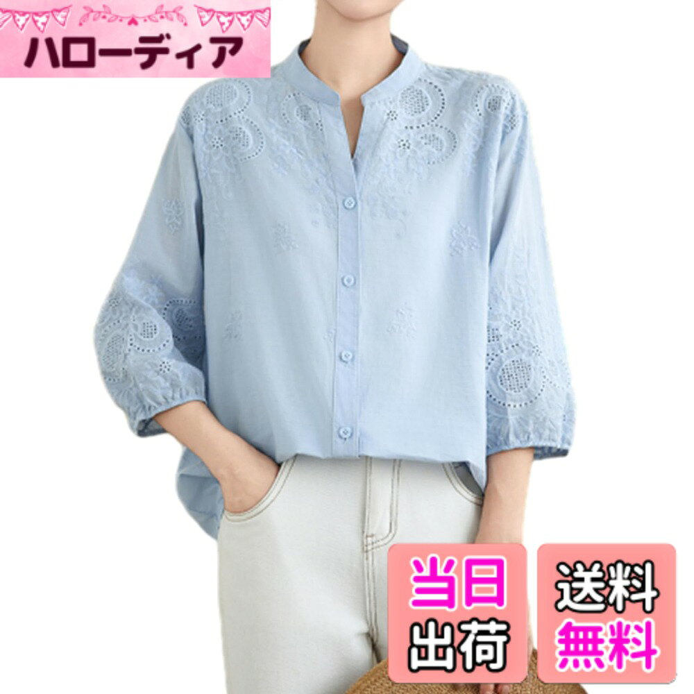Other - 【送料無料】[OGCPWYQZ] 半袖 シャツ レディース ブラウス 七分袖 トップス 花柄 刺繍 透かし彫り 薄手 着痩せ ゆったり 大きいサイズ 体型カバー カジュアル ファッション 大人 可愛い お出掛 通勤 夏服 色：ブルー、サイズ：XL