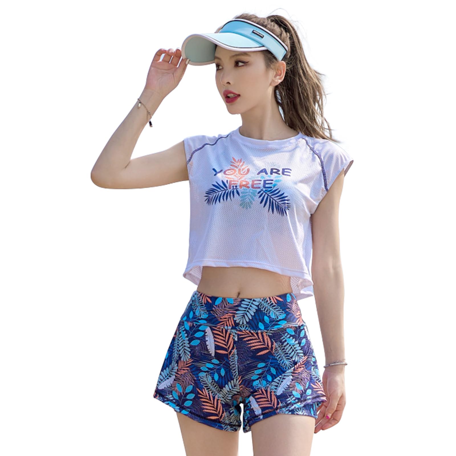 【送料無料】[CSILOVEE] 水着 ビスチェビキニ レディース ハイウエスト ショートパンツ セパレート スポーツブラ 3点セット 取り出し可能 露出控えめ 体型カバー 伸縮性 バスト盛れる スイムウェア オシャレ スポーツ風 韓国 ビーチ 海水浴 海辺 色：ブルー、サイズ：M