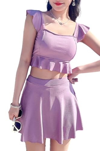 【送料無料】[andrei] アンドレイ ビキニ 2点 セット フリル フレア ビスチェ スカート パンツ 付き 水着 タンキニ 無地 チェック レディース 色：ピンク、サイズ：L