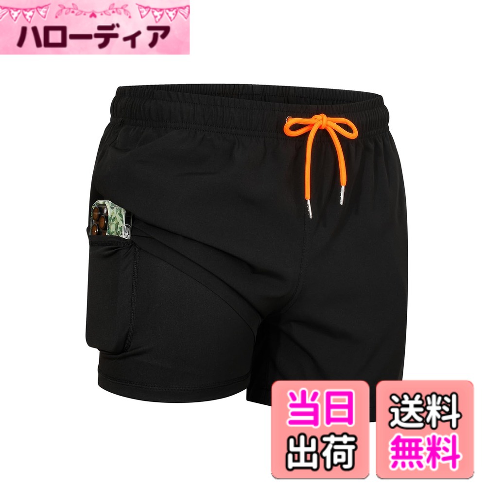 【送料無料】[SUNDAY ROSE] 水着 メンズ 海水パンツ サーフパンツ インナー付き 通気 速乾 海パン コンプレッション インナー付き ショートパンツ 2in1 男性 夏 短パン スポーツ 色：ブラックオレンジ801、サイズ：L