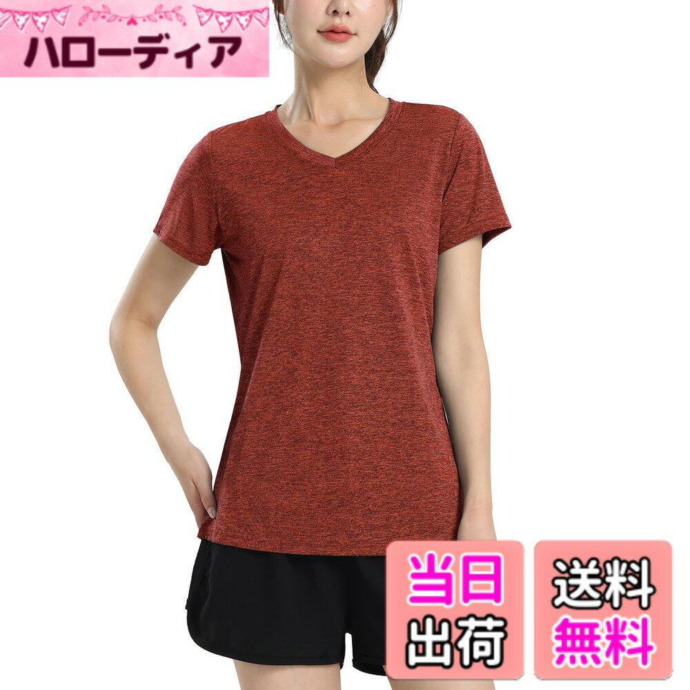 【送料無料】[TACVASEN] tシャツ レディース 半袖 Vネック 吸汗速乾 トレーナー ストレッチ スポーツウェア 無地 通気 トレニング ランニングウェア 夏 薄手 色：ダークオレンジ、サイズ：L
