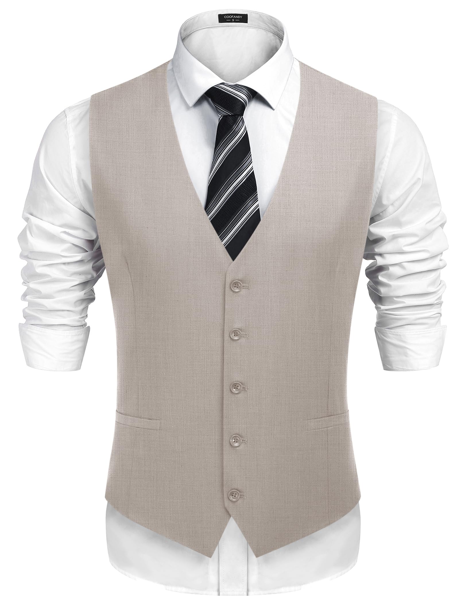 【送料無料】[COOFANDY] スーツベスト メンズ 襟なし Vネック ジレベスト 二つのポケット 五つのボタン 尾錠付き ベストスリムフィット 春夏向け 結婚式 仕事場 ビジネス パーティー（S2XL） 色：グレー、サイズ：M