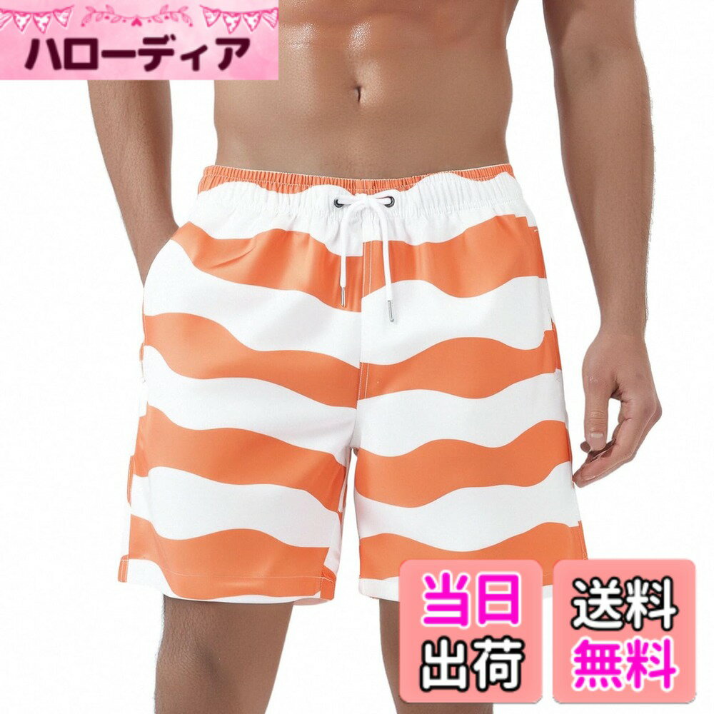 【送料無料】[SUNDAY ROSE] 水着 メンズ 海水パンツ サーフパンツ インナー付き 無地 速乾 海パン 水陸両用パンツ 男性用水着 おしゃれ ショートパンツ スイムウェア 大きいサイズ 海外旅行 夏 色：波柄（オレンジ）、サイズ：L