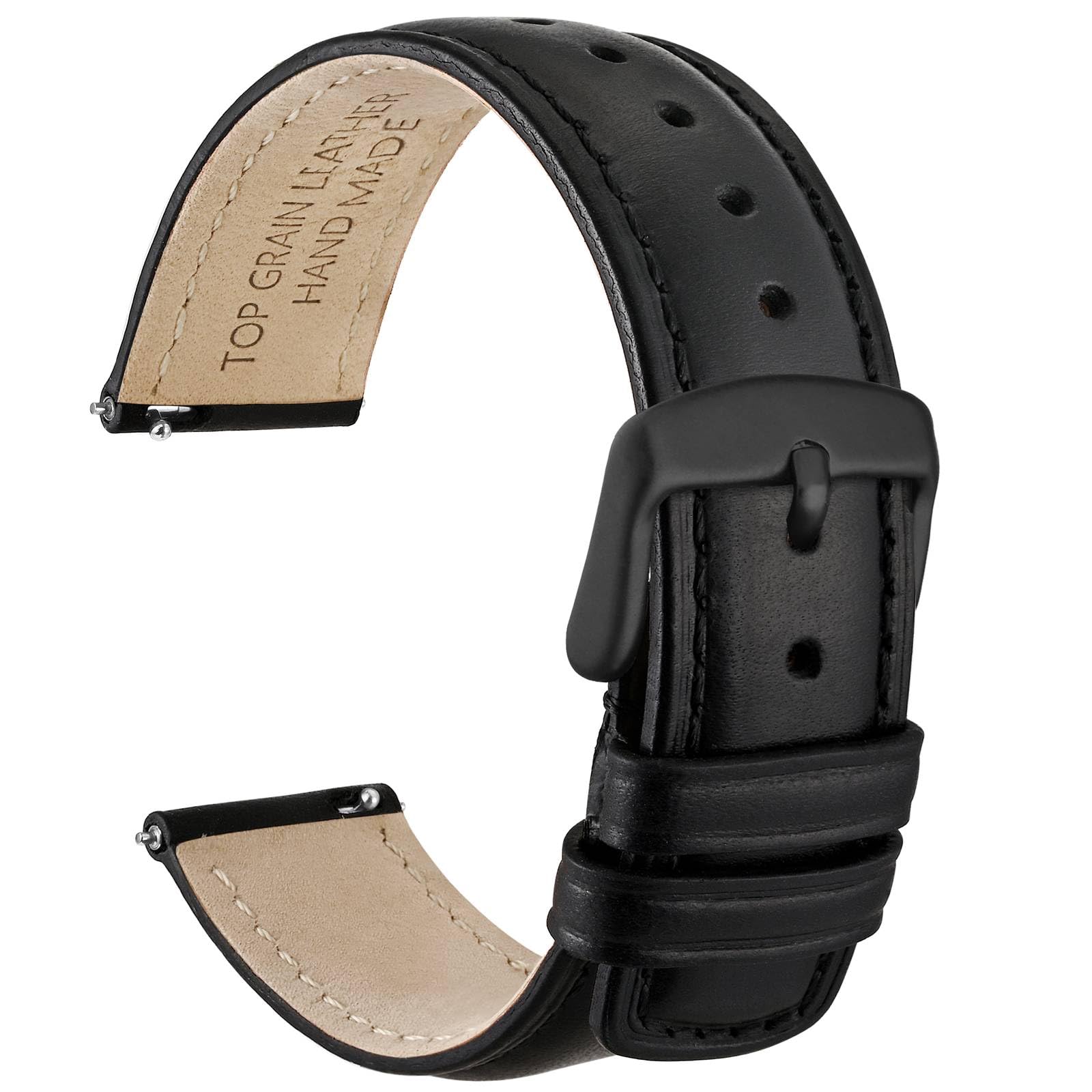 【送料無料】[WOCCI] 時計ベルト 16mm 18mm 19mm 20mm 22mm 24mm 交換用時計バンド ヴィンテージ革時計バンド Quick Release 色：ブラック/ブラックバックル、サイズ：18mm