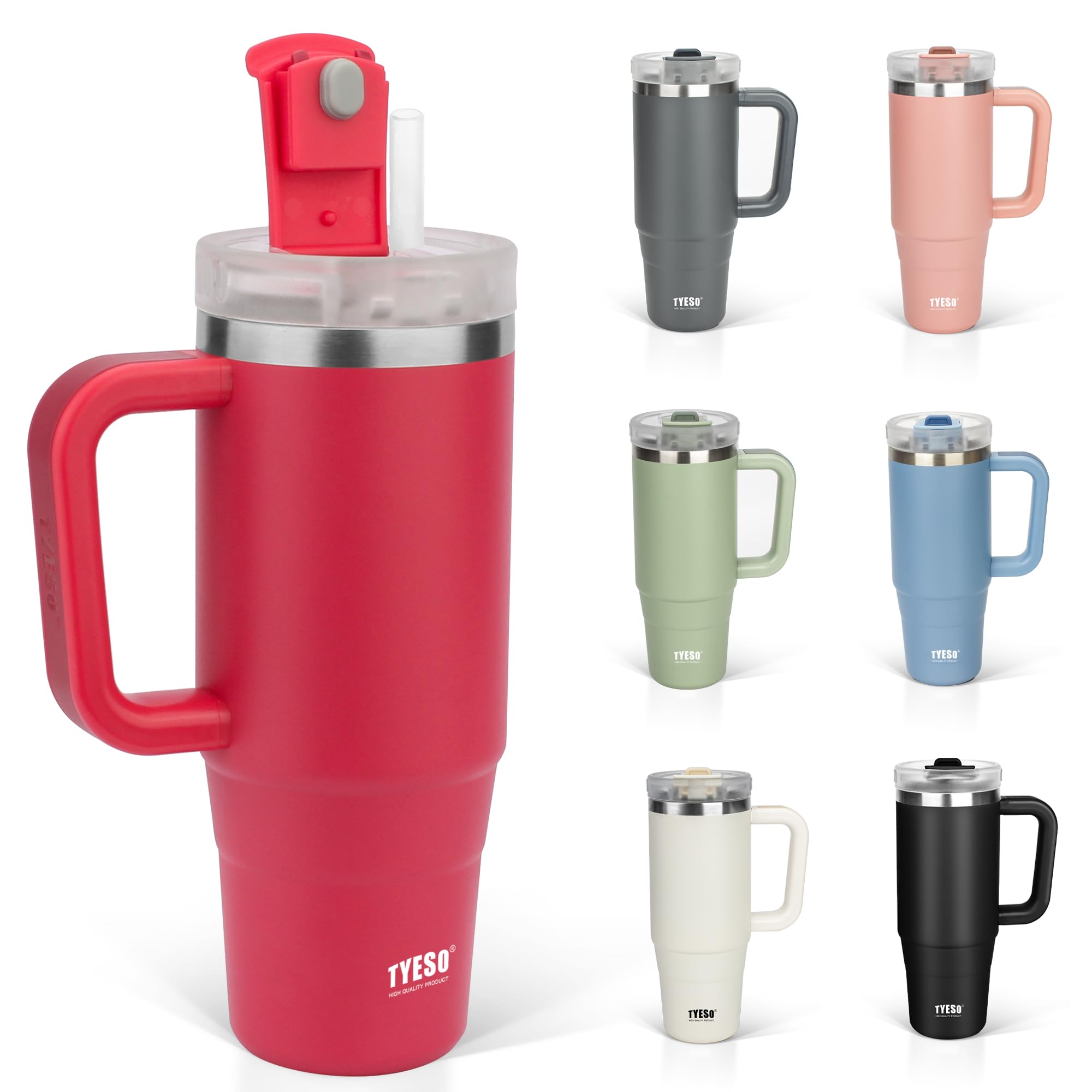 【送料無料】TYESO タンブラー 0.9L 水筒 保冷 ステンレスボトル ウォーターボトル ストロー 取っ手付き ジョッキ アウトドア 真空断熱 二重構造 広口 大容量 直飲 女の子 男の子 900ml 色：ローズレッド、サイズ：1200 ml