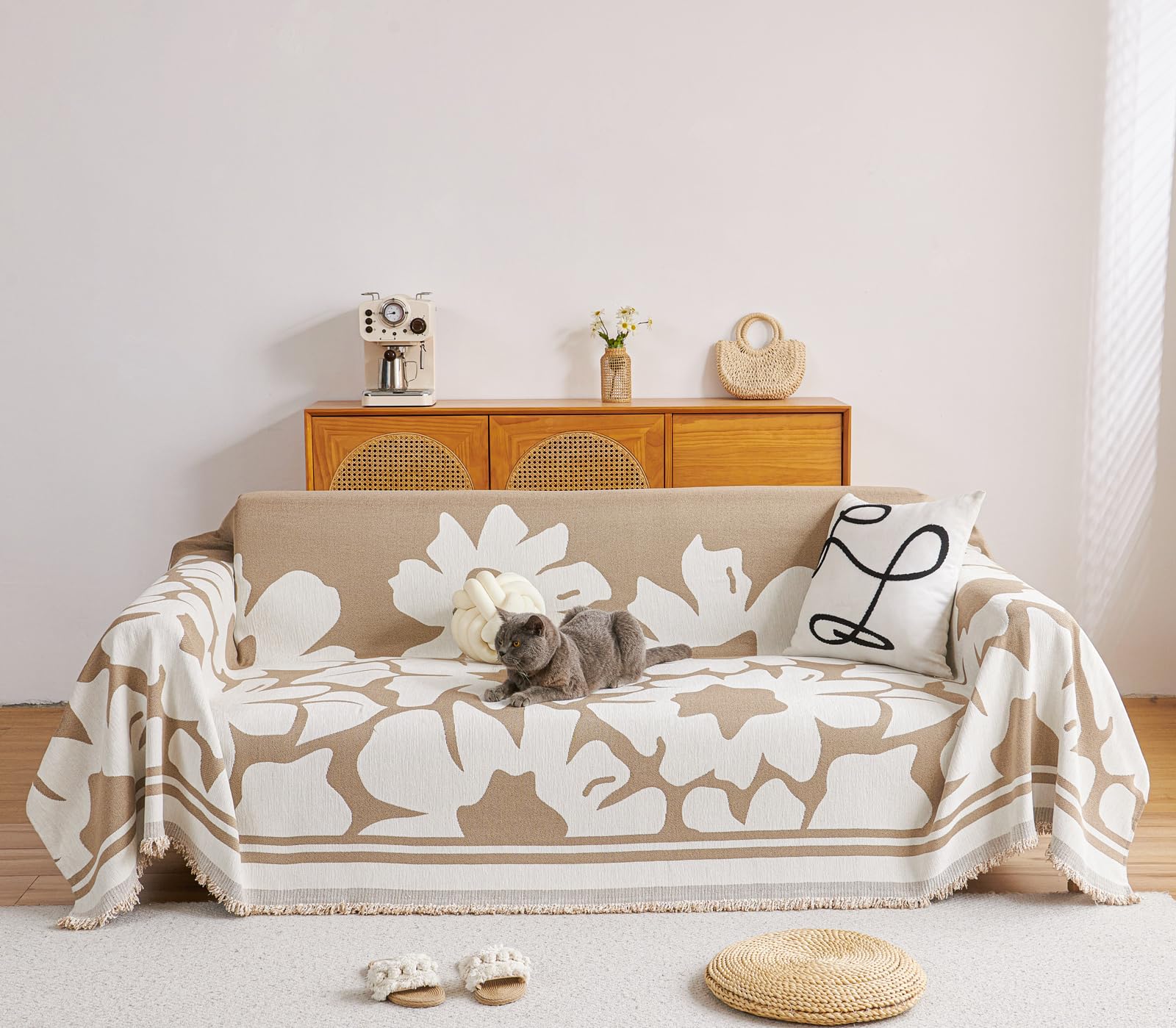 【送料無料】TMVOK マルチカバー ソファカバー ブランケット 犬猫対策 汚れ防止 1人 2人 3人掛け ソファーかばー リバーシブル 北欧風 長方形 通気 柔らかく カウチ ベッドカバー シェニール テーブルクロ 色：花柄（カーキ ・ ホワイト）、サイズ：130*180cm/1-2人掛け