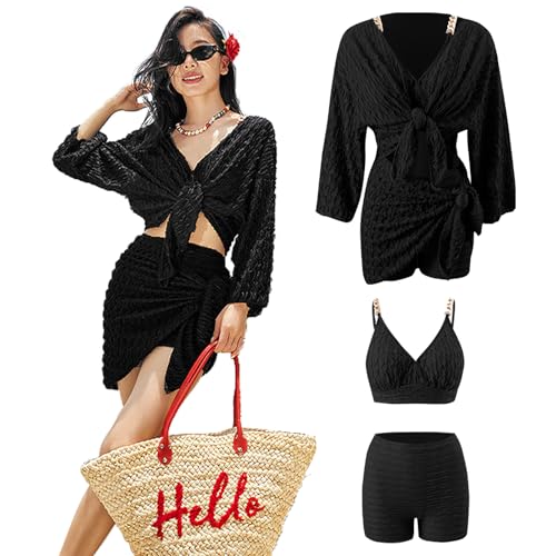 【送料無料】[PORIN] 水着 レディース 体型カバー ビキニ 大きいサイズ ブラウス4点セット水着 ハイウエスト 女性水着 人気 かわいい セクシー 露出控えめ 温泉 ビーチ 砂遊び 旅行 黒い 青い 色：ブラック、サイズ：5XL