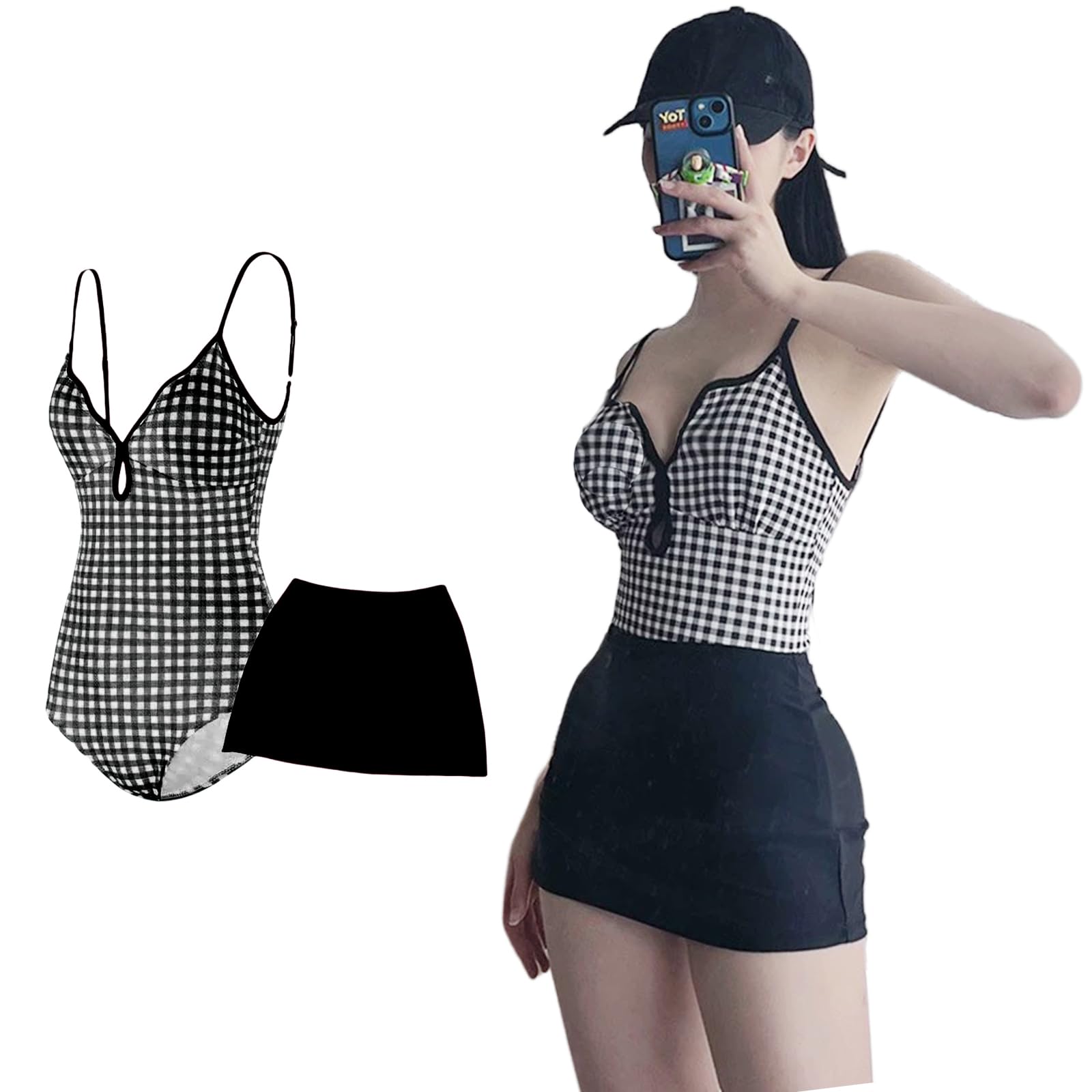 【送料無料】[Vmiutyer LLOP] 2点セット 水着 レディース チェック柄 パット付き オールインワン バックレス ショートスカート フィットネス セクシー 肩出し 水陸両用 かわいい おしゃれ 色：ブラック、サイズ：L
