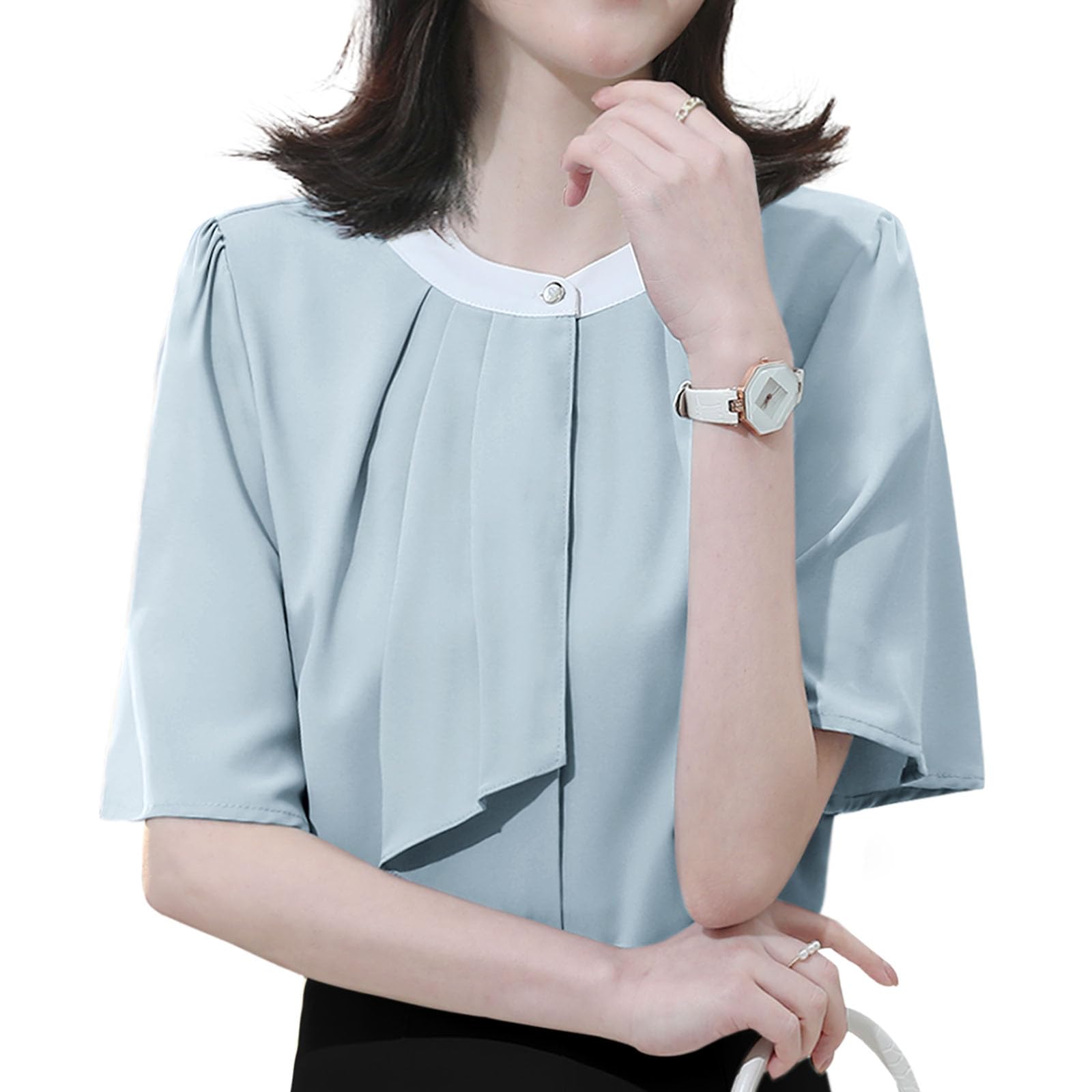 【送料無料】[Sueeya] スイーヤ ブラウス ボウタイ風 レディース シャツ バイカラー 半袖 トップス 着せ 女性 おしゃれ エレガント 可愛い カジュアル ビジネス オフィス フォーマル 通勤 OL 色：ブルー、サイズ：XL