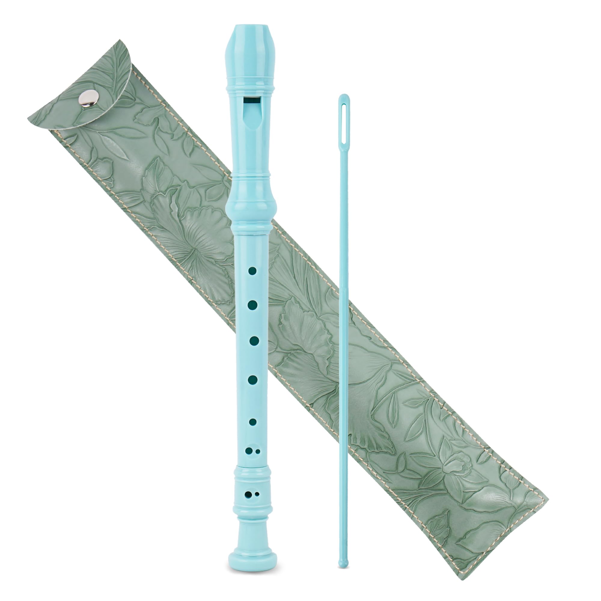 【送料無料】Jasenna ソプラノリコーダー 小学生 初心者 8穴Cキーソプラノレコーダー そうじ棒、運指表、革製収納バッグ 色：2-Carved Dark Green、サイズ：ドイツの8ホール