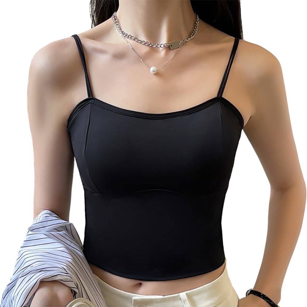 【送料無料】[Ekieta] アイス感 ! チューブトップ レディース キャミソール カップ付き ノンワイヤーブラジャースポーツブラ 【伸縮性・ 柔らかい・ 吸汗吸湿 抗菌防臭 無縫製】 24時間活躍インナータンクトップ キャミ 下着 夏秋 色：ブラック、サイズ：M