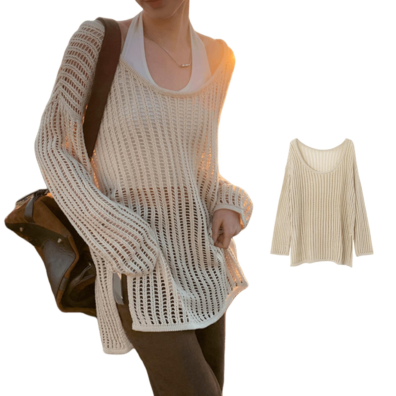 【送料無料】[xppe] サマーニット プルオーバー メッシュ レデイース トップス 薄手 透かし編み 冷房対策 UVカット 透け感 ゆったり 大きいサイズ シースルー ロング丈 長袖 セーター 日焼け止め服 無地 きれいめ 夏服 色：ベージュ、サイズ：Free Size