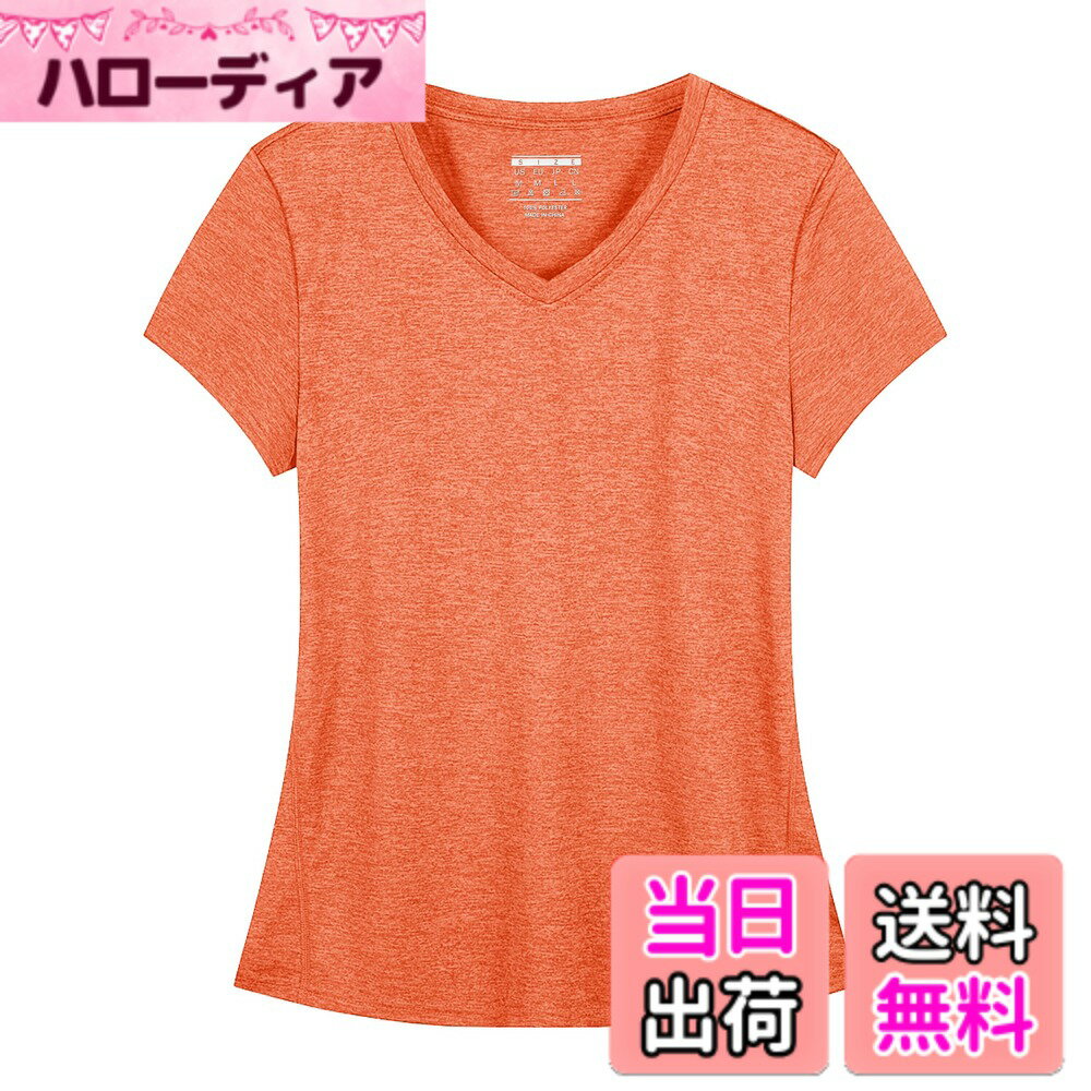 【送料無料】[KEFITEVD] tシャツ レディース 半袖 吸汗速乾 スポーツウェア vネック ゆったり ドライtシャツ 涼しい トレーニング テニス ヨガウェア トップス 無地 夏服 色：オレンジ、サイズ：L