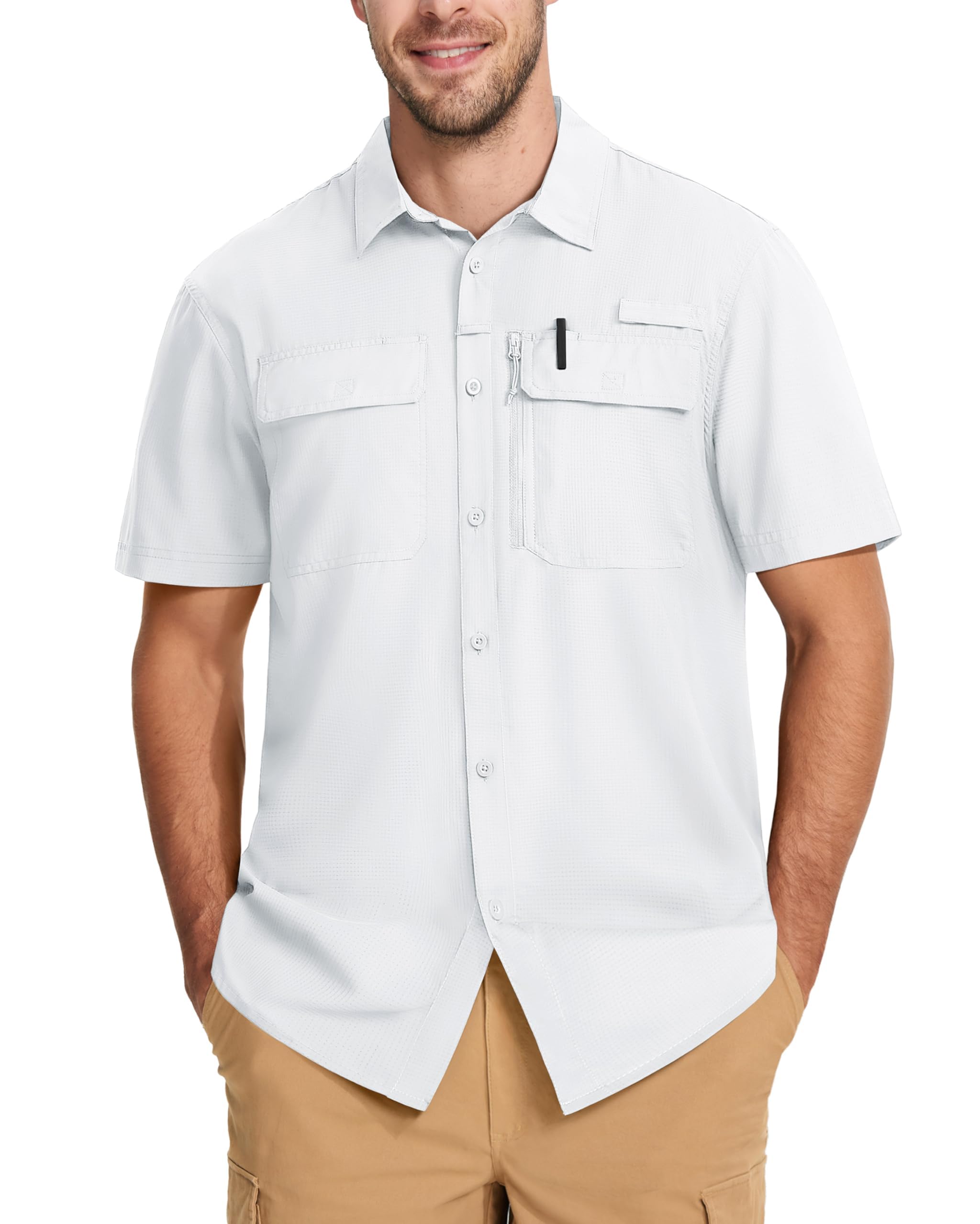 【送料無料】[MAGCOMSEN] ミリタリーシャツ 半袖 メンズ 釣りウェア UVカット タクティカルシャツ 登山 撥水 通気 メッシュ生地 作業着 夏用 涼しい 色：ホワイト、サイズ：3XL