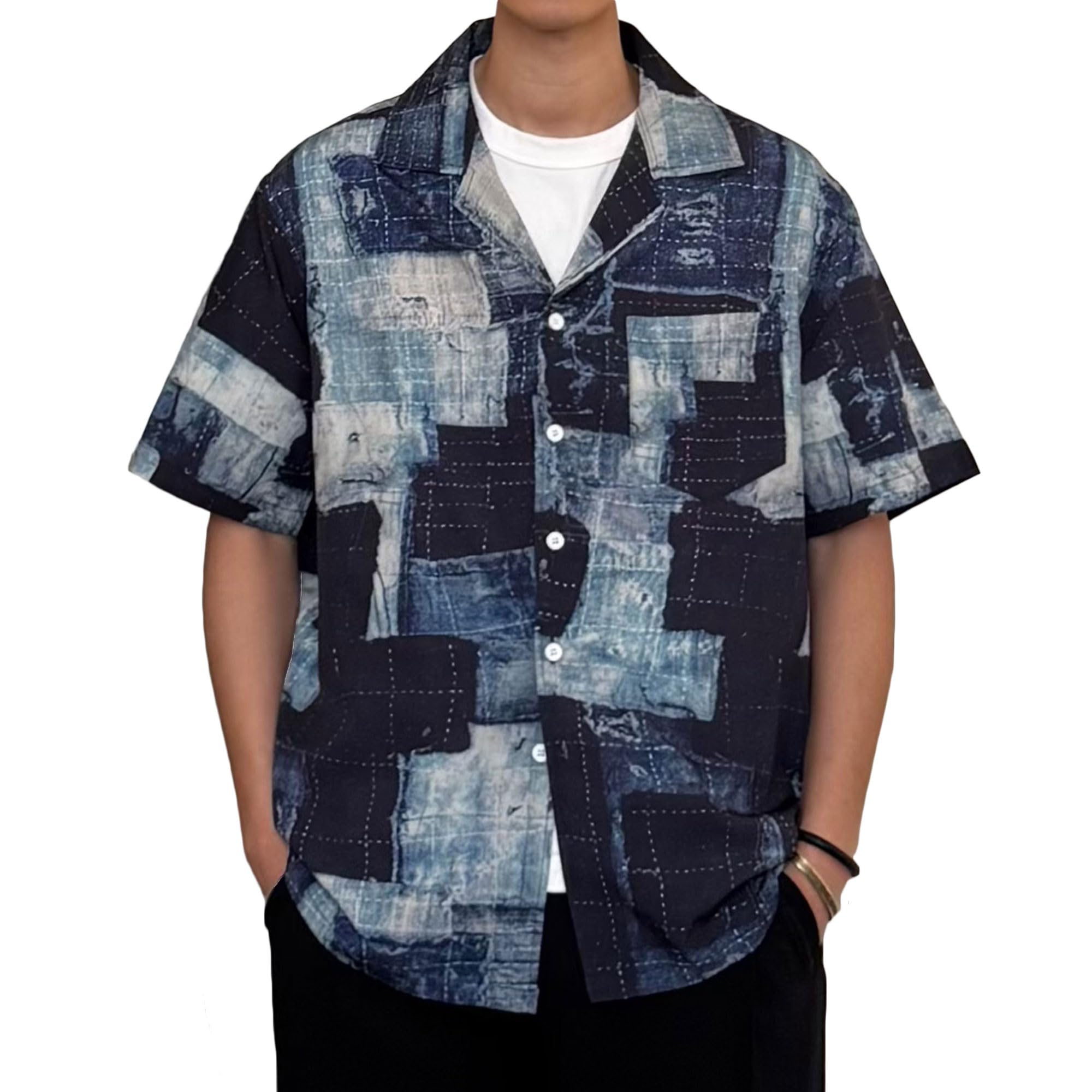 【送料無料】[CHANGE WELL] メンズ 2025SS ファッション 夏服 ストリート 和風プリント カジュアル 開襟 襤褸柄 半袖シャツ 色：ブルー、サイズ：XL