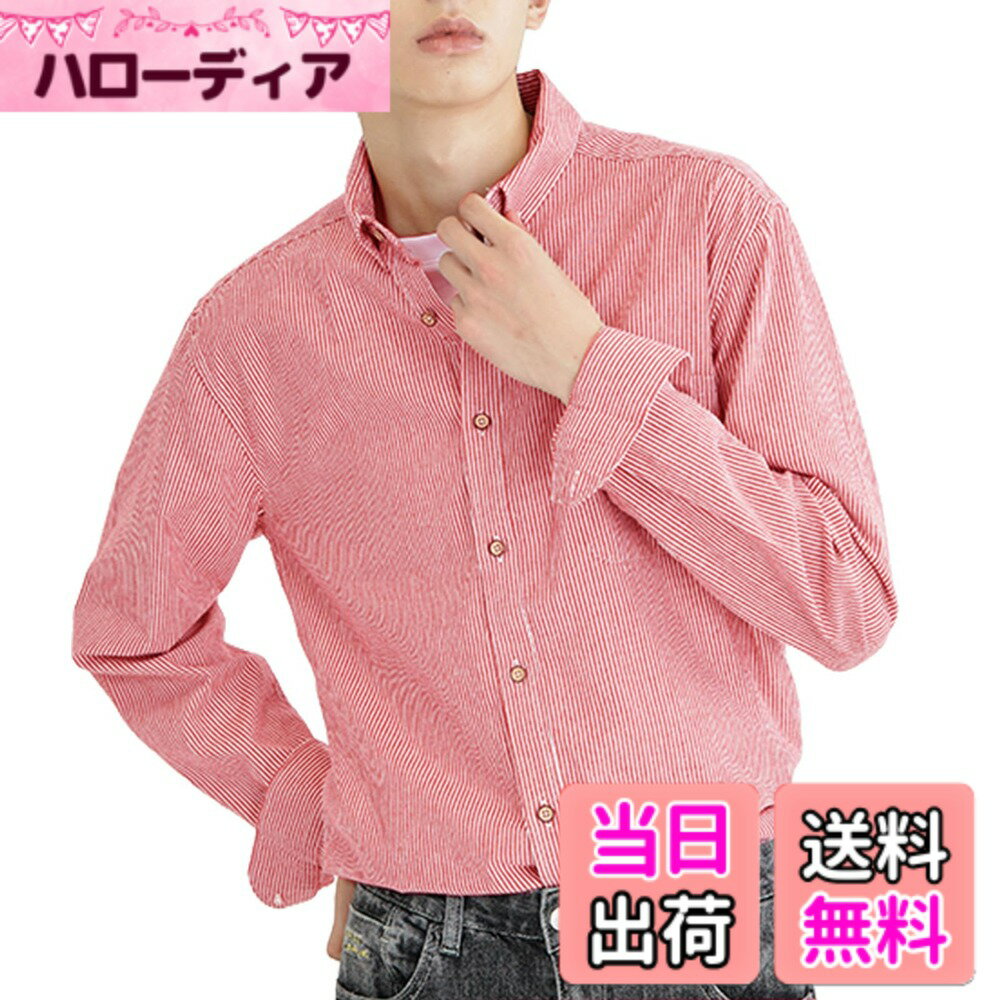 【送料無料】[JoveJek] シャツ メンズ 長袖 綿100％ オックスフォード ワイシャツ ボタンダウン 左胸ポケット 無地 カジュアル ビジネス おしゃれ 春 秋 冬 色：スイカレッド(ストライプ)、サイズ：3XL