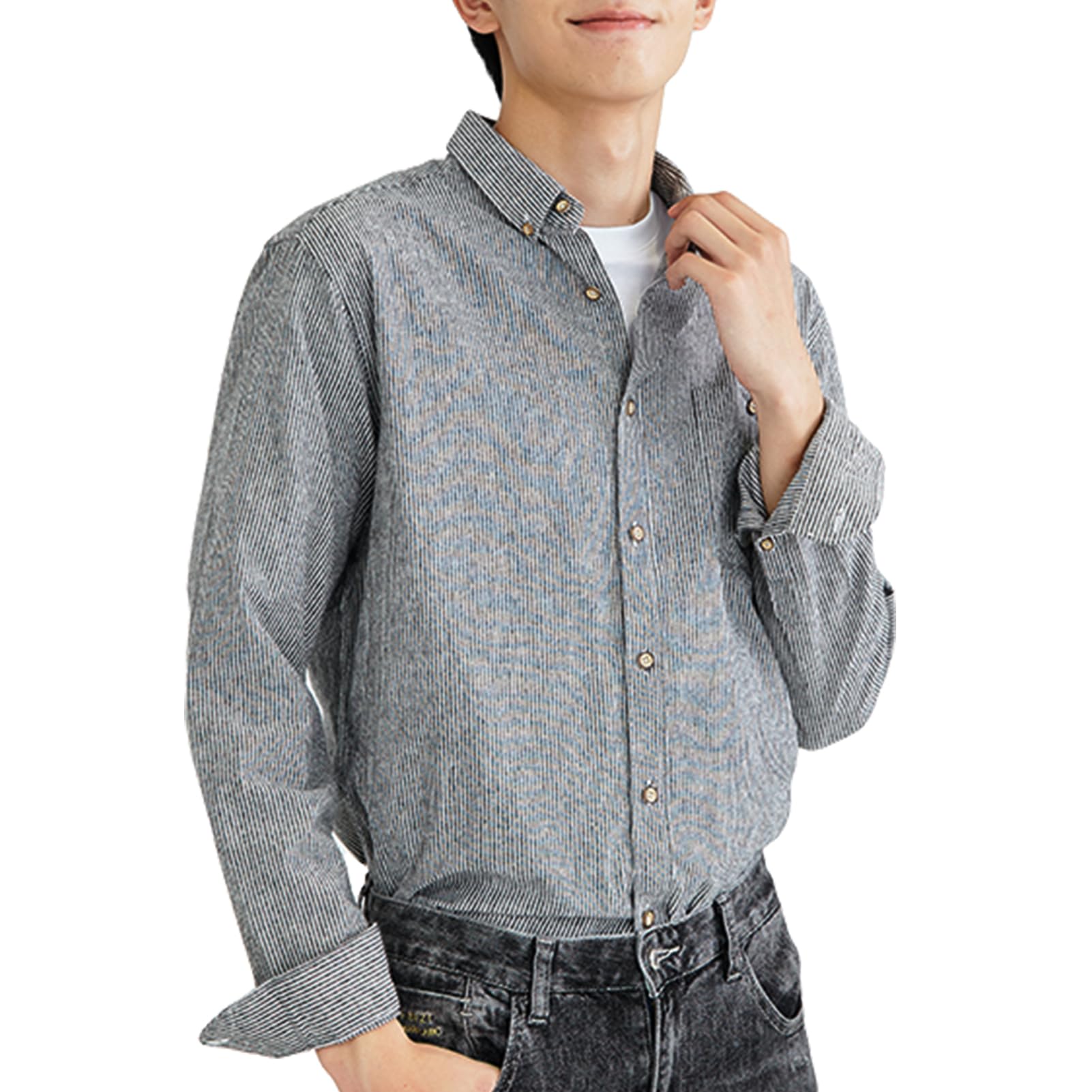 【送料無料】[JoveJek] シャツ メンズ 長袖 綿100％ オックスフォード ワイシャツ ボタンダウン 左胸ポケット 無地 カジュアル ビジネス おしゃれ 春 秋 冬 色：グレー/ストライプ、サイズ：L