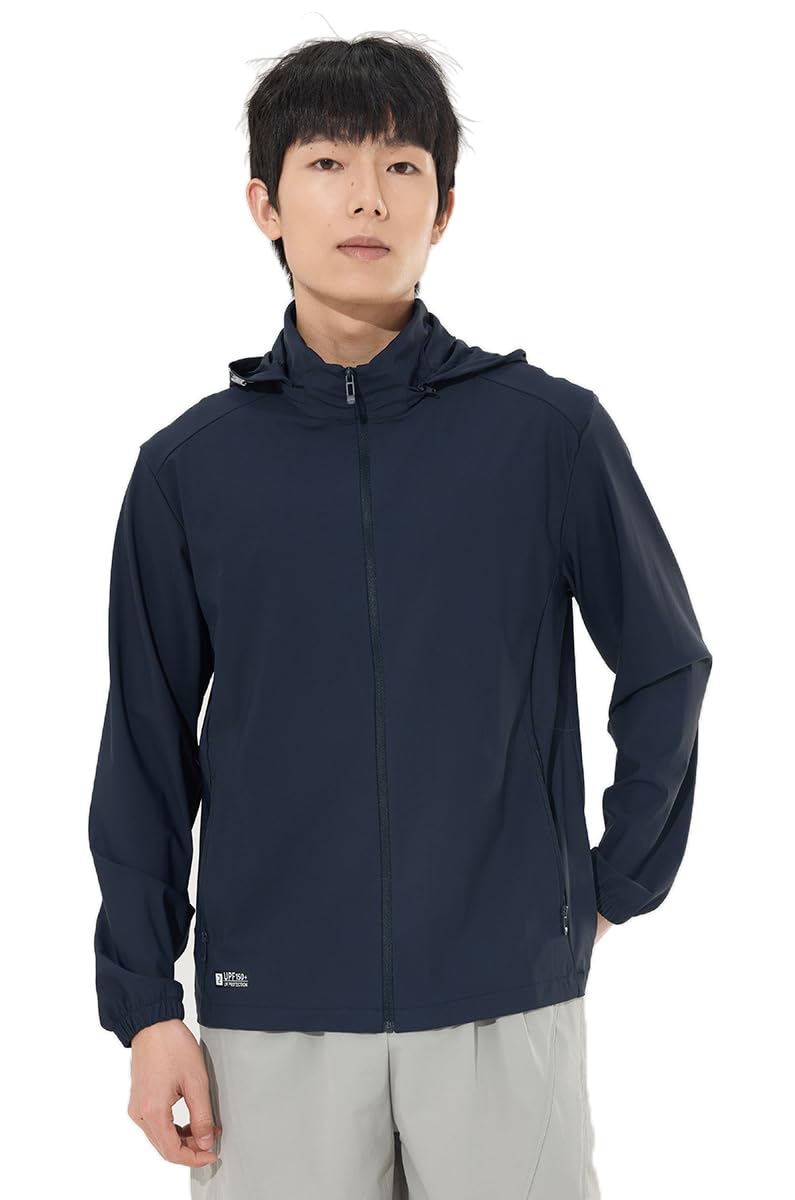 【送料無料】[Rortyno] 超軽量 速乾通気 ラッシュガード メンズ 夏 冷感 UPF50+ 日焼け止め ナイロンヤッケ ストレッチ素材 uvカットパーカー フード付き 薄手 アウトドア スポーツ 撥水 無地 色：ダークネイビー、サイズ：XL