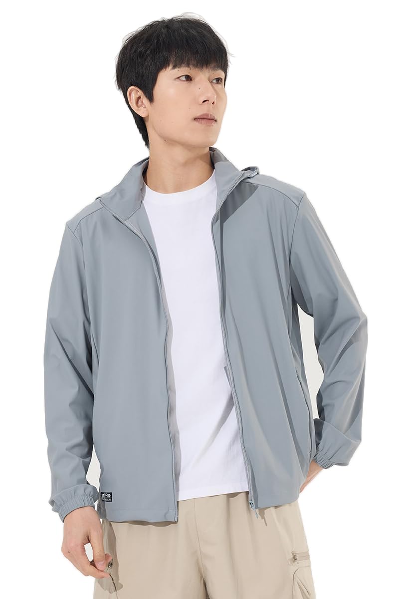 【送料無料】[Rortyno] 超軽量 速乾通気 ラッシュガード メンズ 夏 冷感 UPF50+ 日焼け止め ナイロンヤッケ ストレッチ素材 uvカットパーカー フード付き 薄手 アウトドア スポーツ 撥水 無地 色：グレー（メンズ）、サイズ：3XL